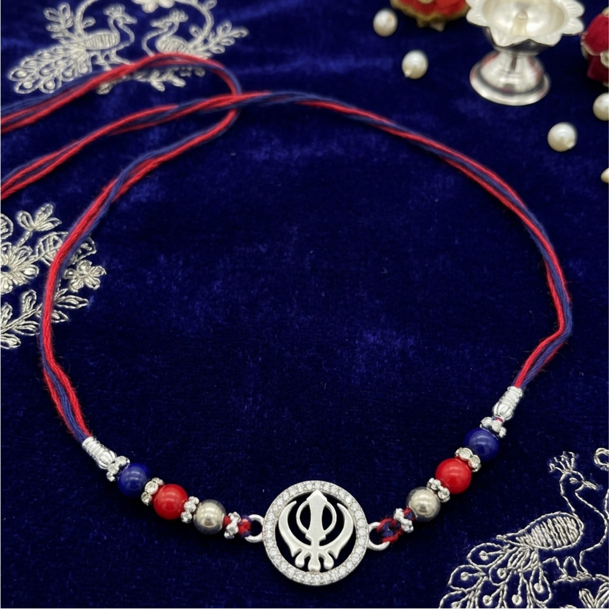 Khanda Symbol Rakhi with Sparkling Silver CZ Elegance