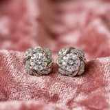 925 Sterling Silver Cushion Floral Halo Stud Earrings With Round Cubic Zirconia Solitaire