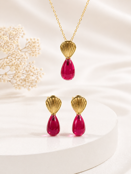 Gold-Plated 925 Sterling Silver Ruby Red Teardrop Pendant and Drop Earrings Set