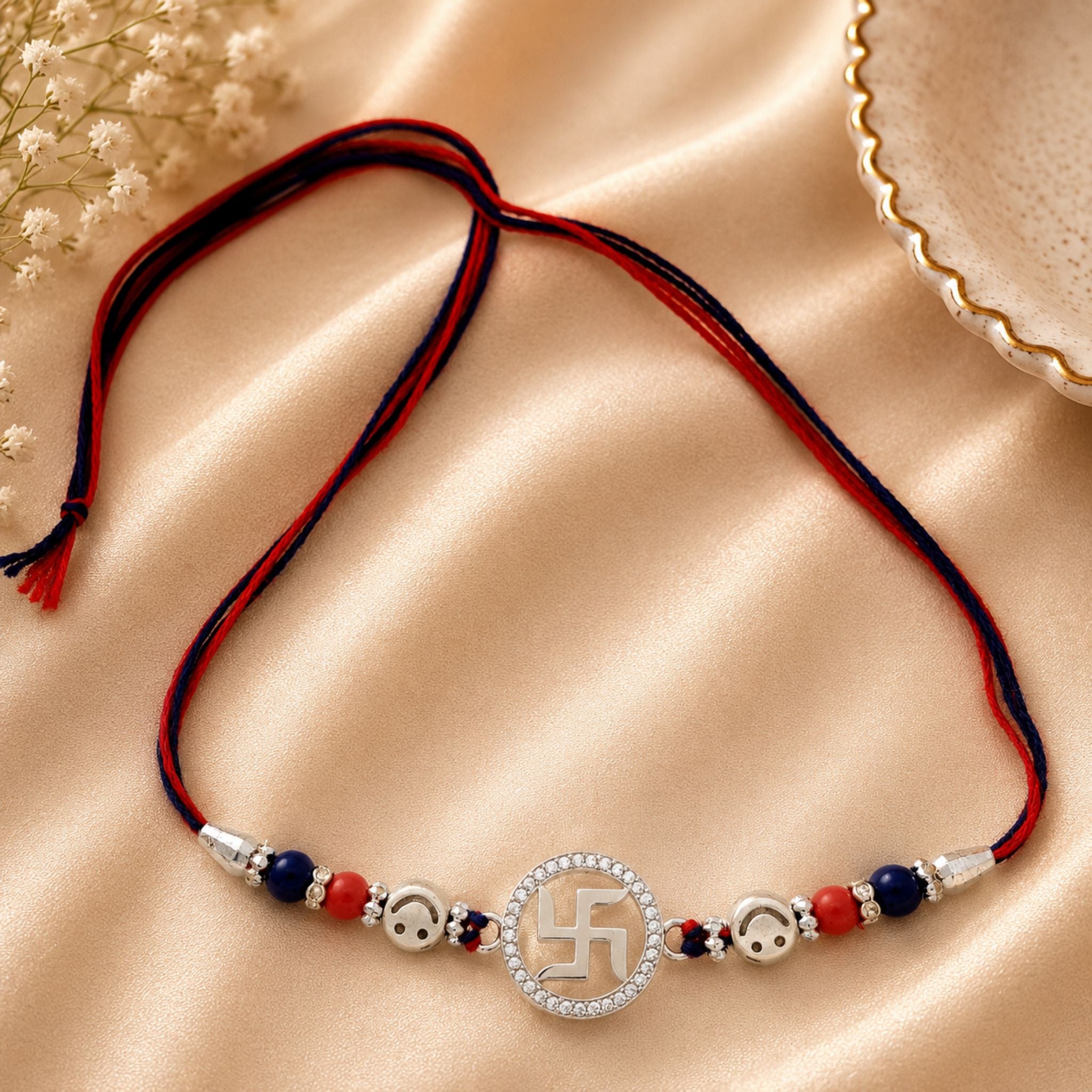 Divine Swastik 925 Sterling Silver CZ Rakhi for Brother