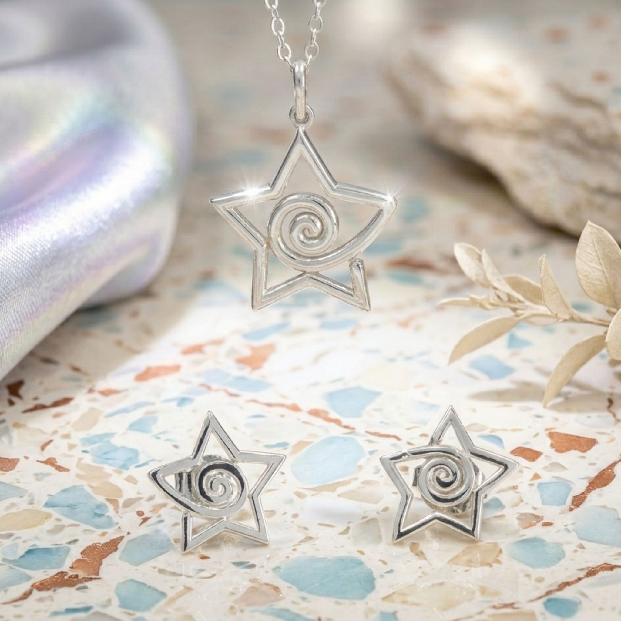 925 Sterling Silver Star Spiral Pendant and Earrings Jewelry Set