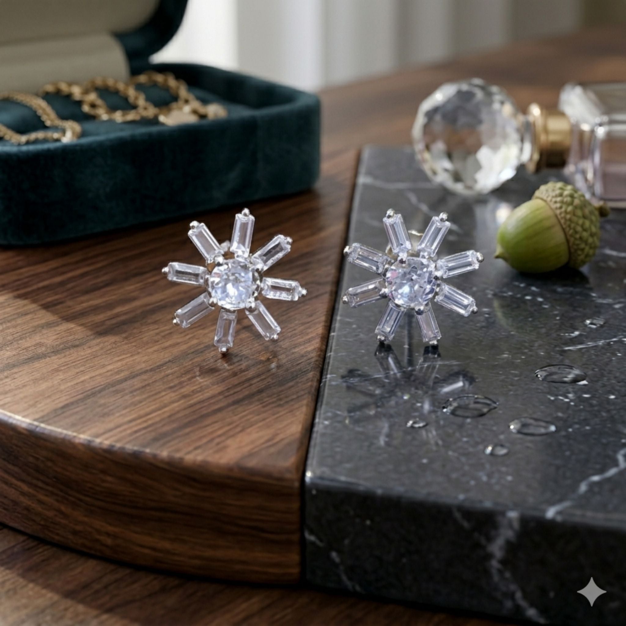 925 Sterling Silver Starburst Stud Earrings With Round & Baguette Cubic Zirconia