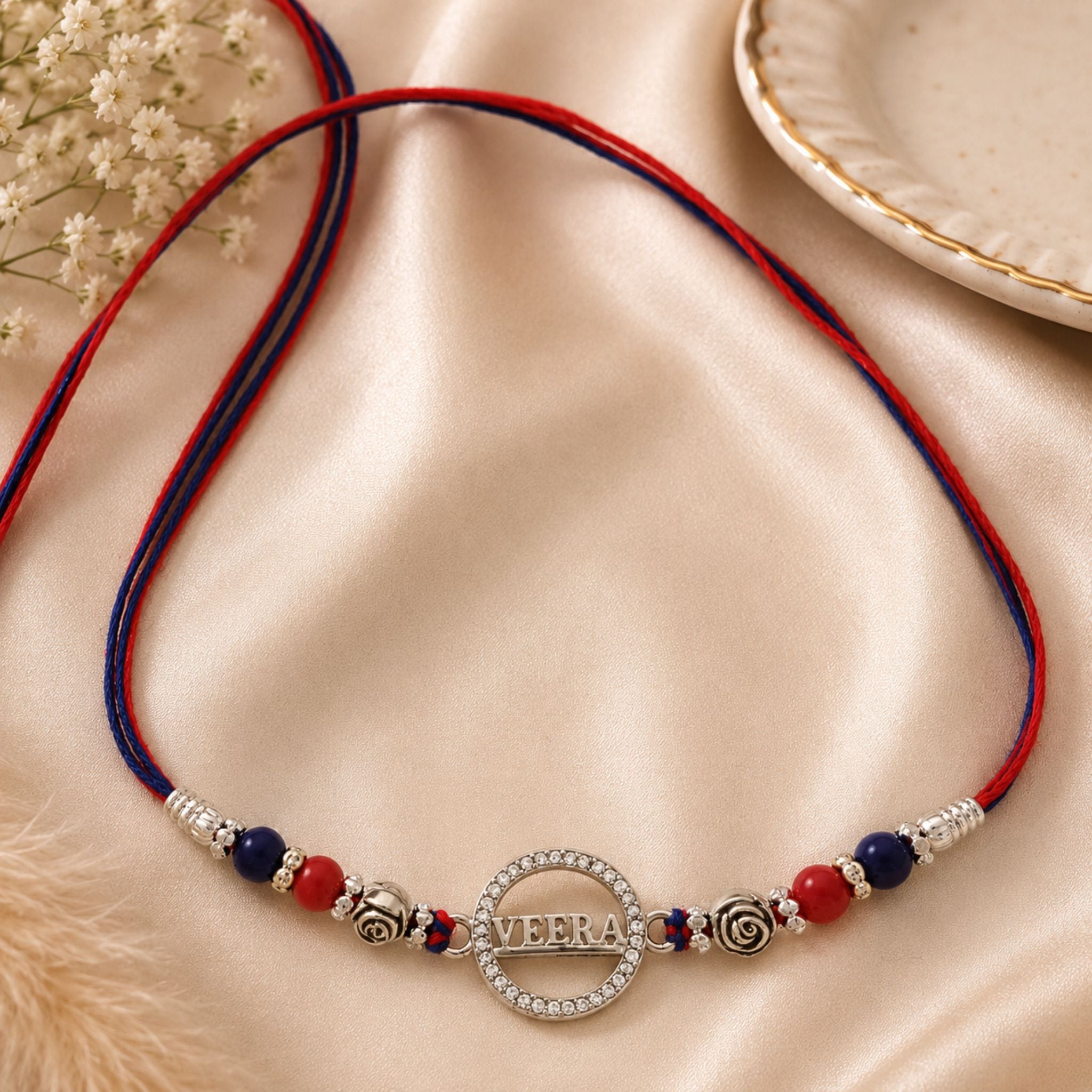 925 Sterling Silver 'Veera' CZ Circle Rakhi with Rose Beads