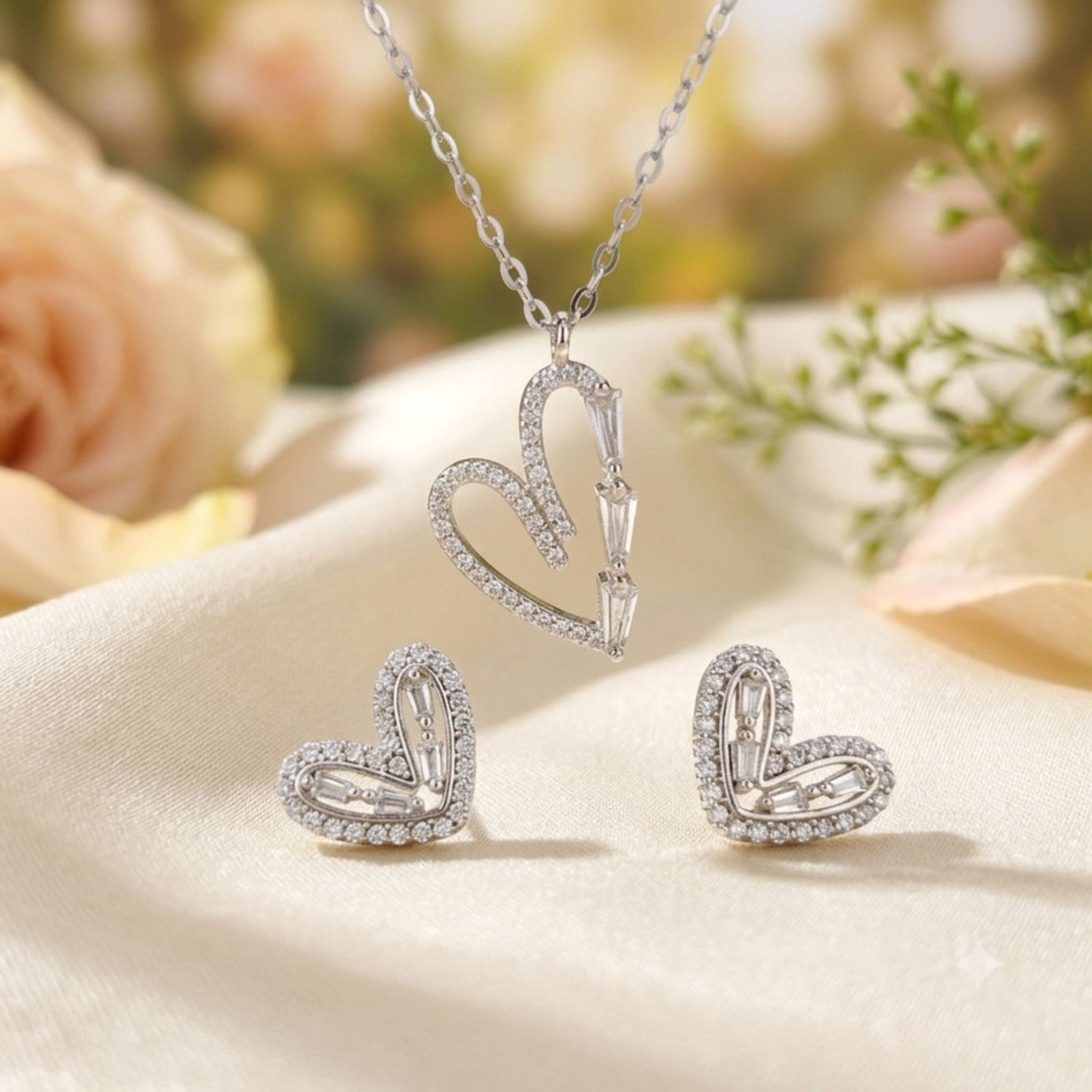 925 Silver Heart Shaped CZ Diamond Pendant Necklace & Earrings Set