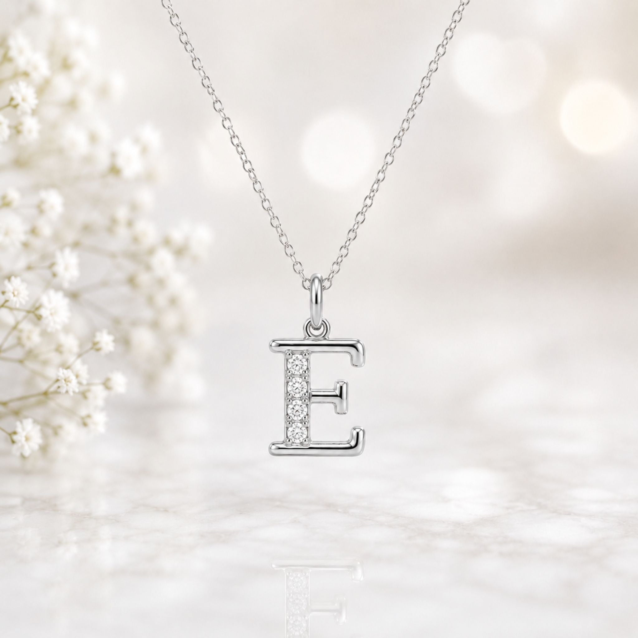925 Sterling Silver Initial E Necklace With cubic Zirconia