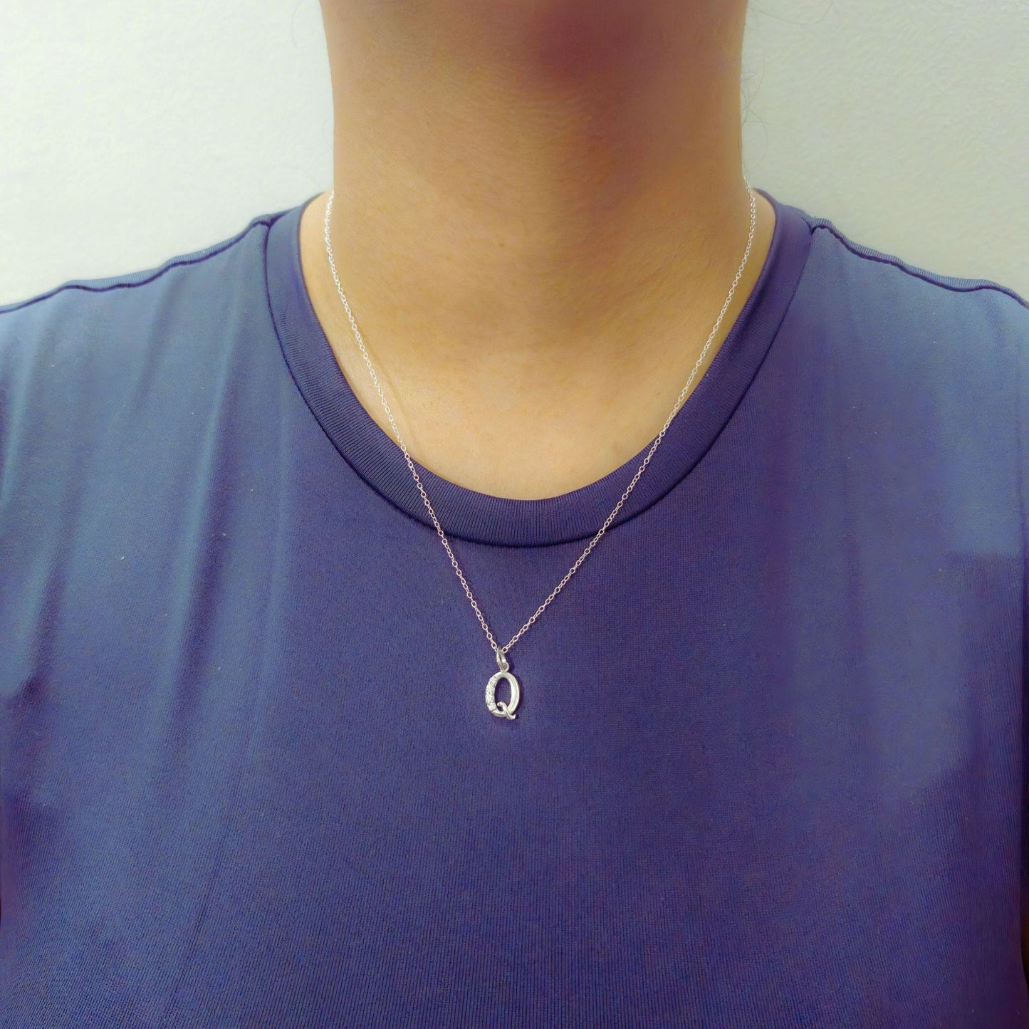 925 Sterling Silver Initial Q Necklace With cubic Zirconia