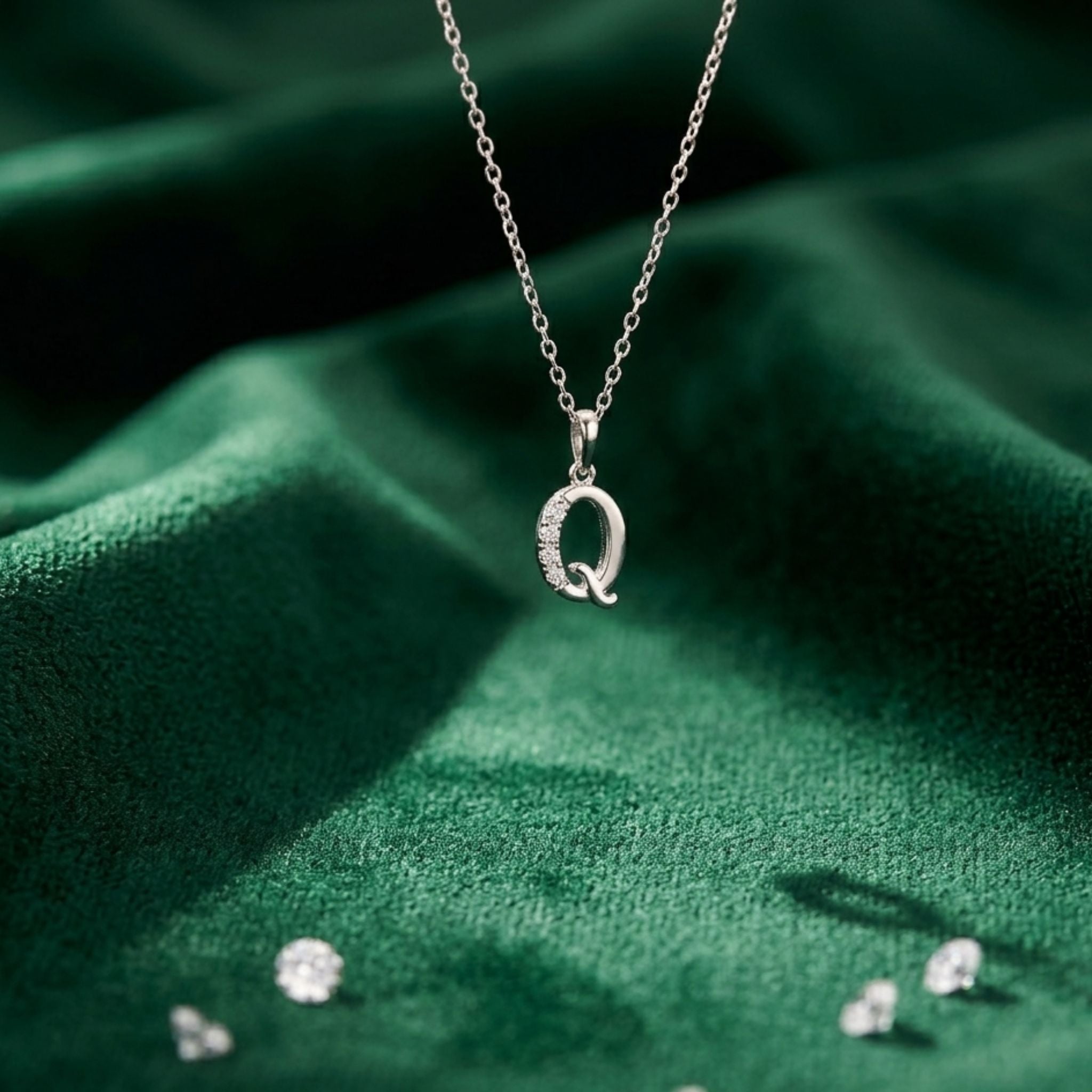 925 Sterling Silver Initial Q Necklace With cubic Zirconia