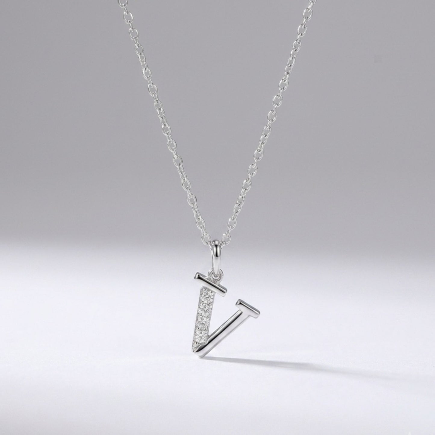 925 Sterling Silver Initial V Necklace With Cubic Zirconia
