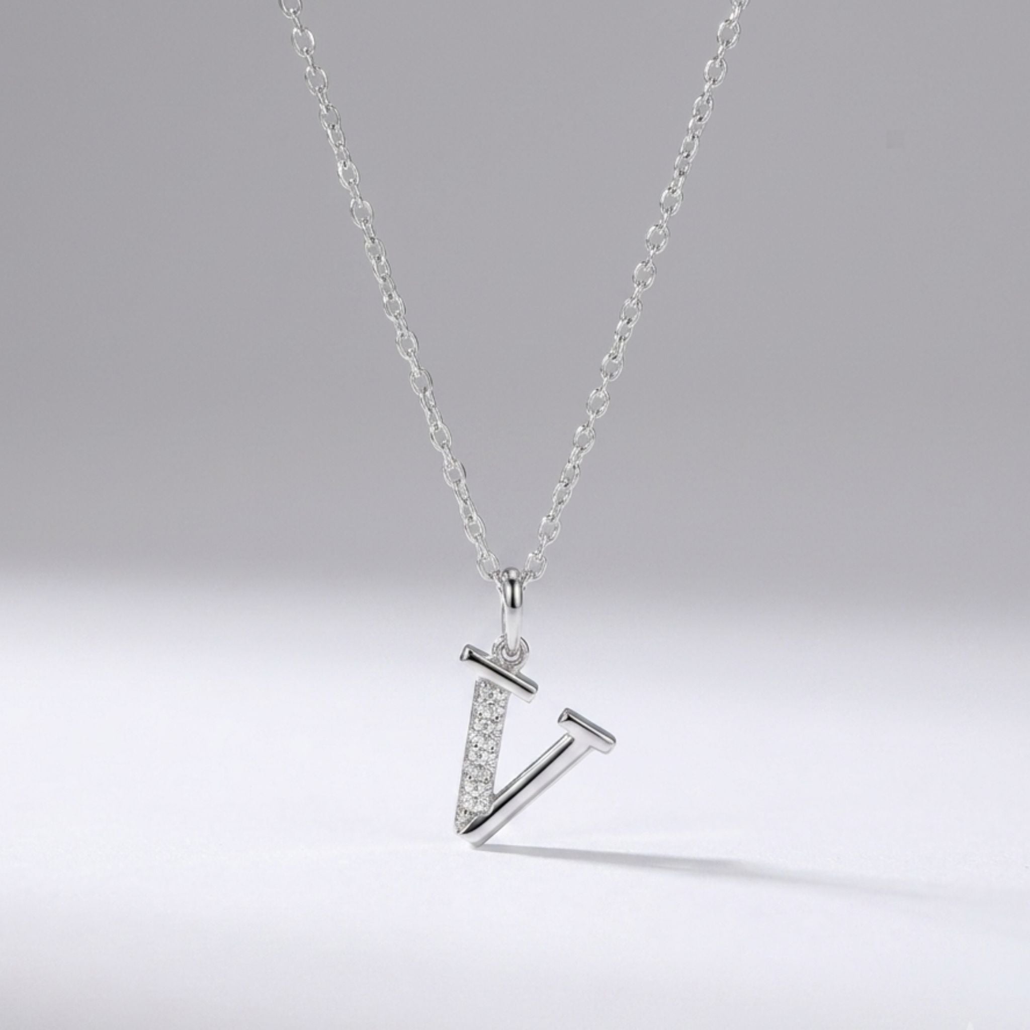 925 Sterling Silver Initial V Necklace With Cubic Zirconia