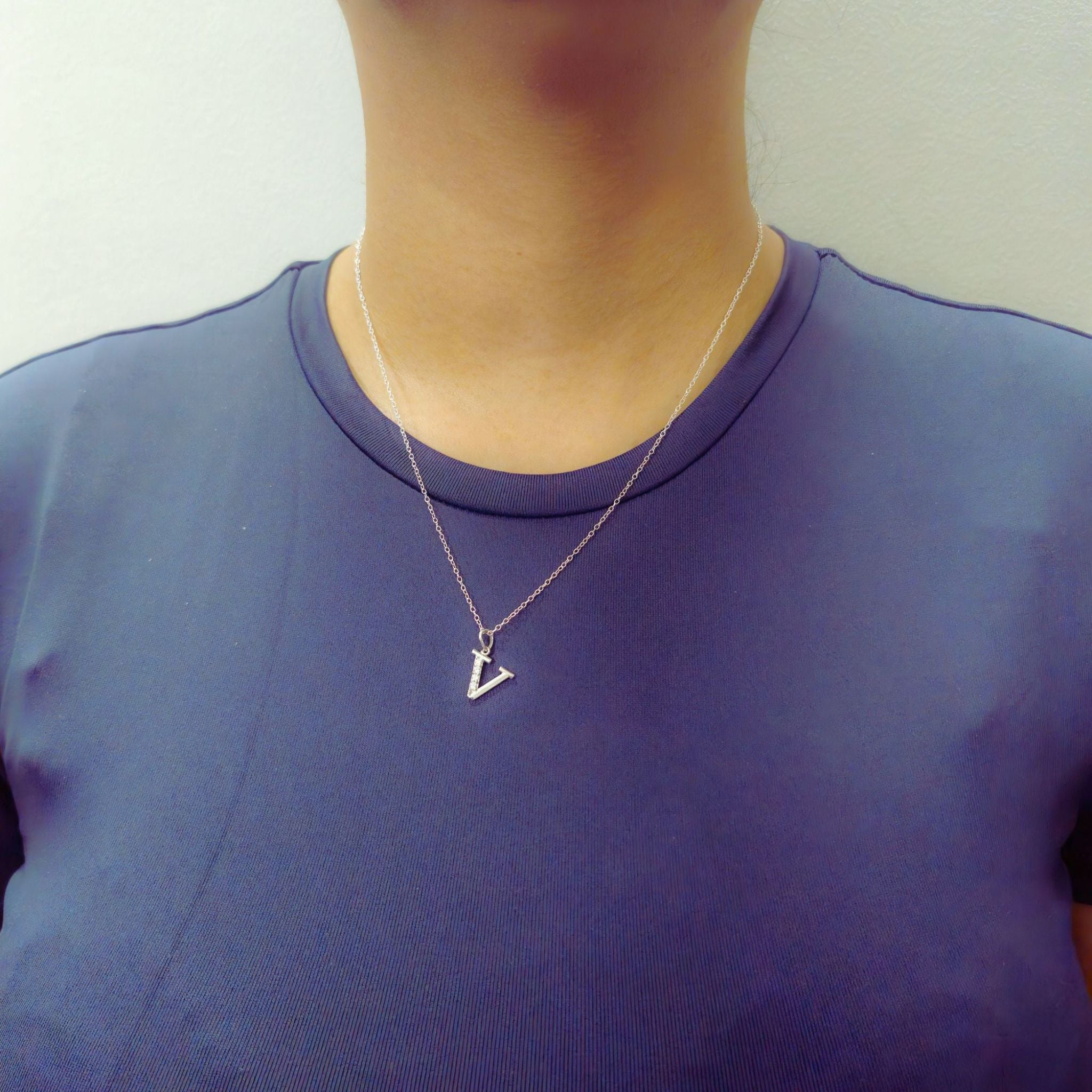 925 Sterling Silver Initial V Necklace With Cubic Zirconia