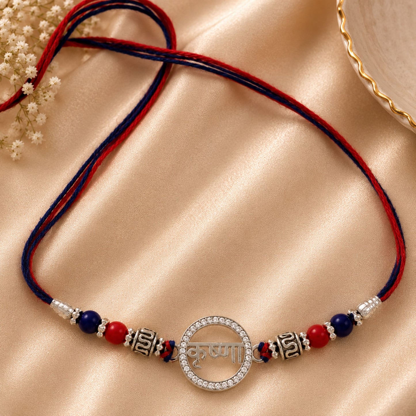 925 Sterling Silver 'कृष्णI' Rakhi with CZ Halo & Designer Beads