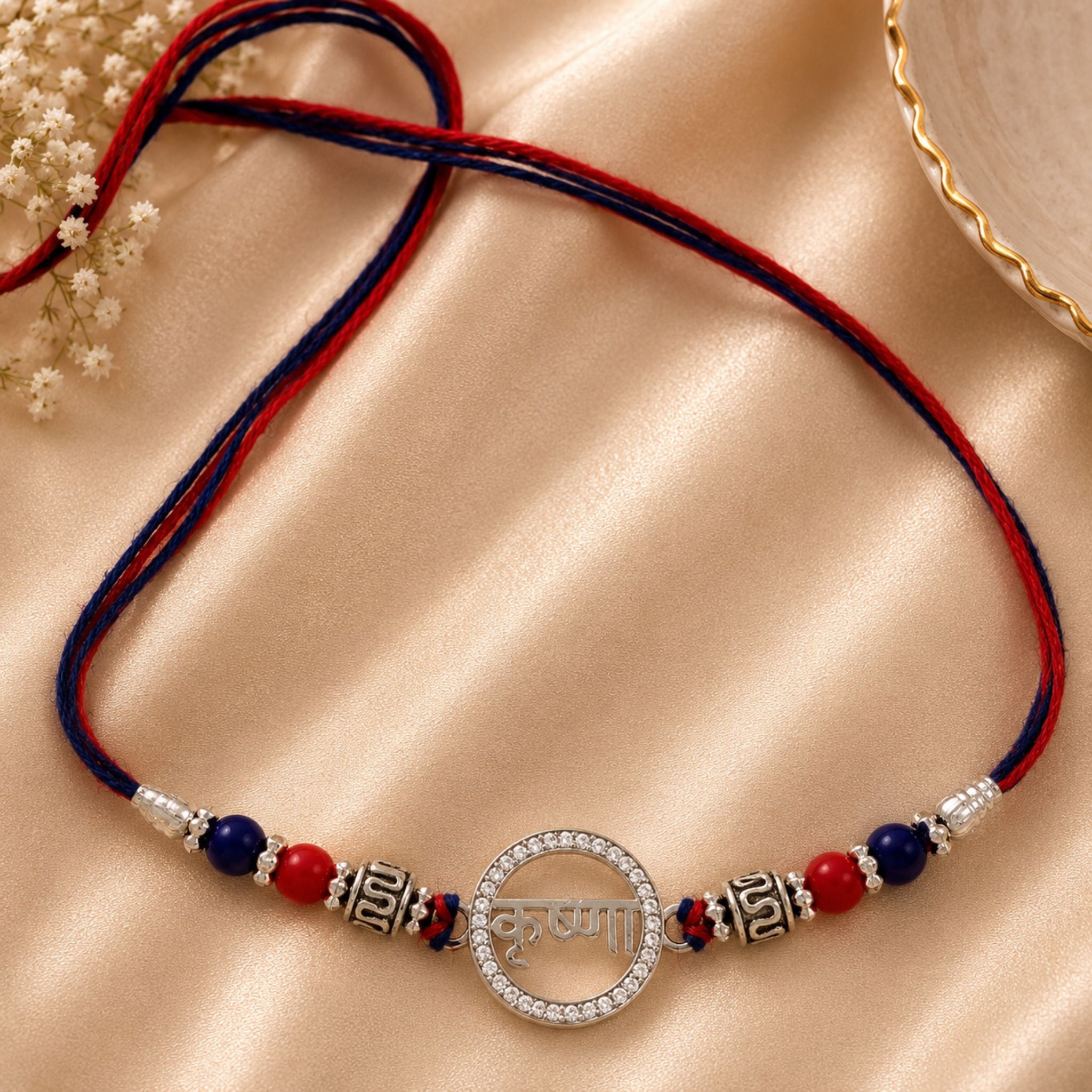 925 Sterling Silver 'कृष्णI' Rakhi with CZ Halo & Designer Beads