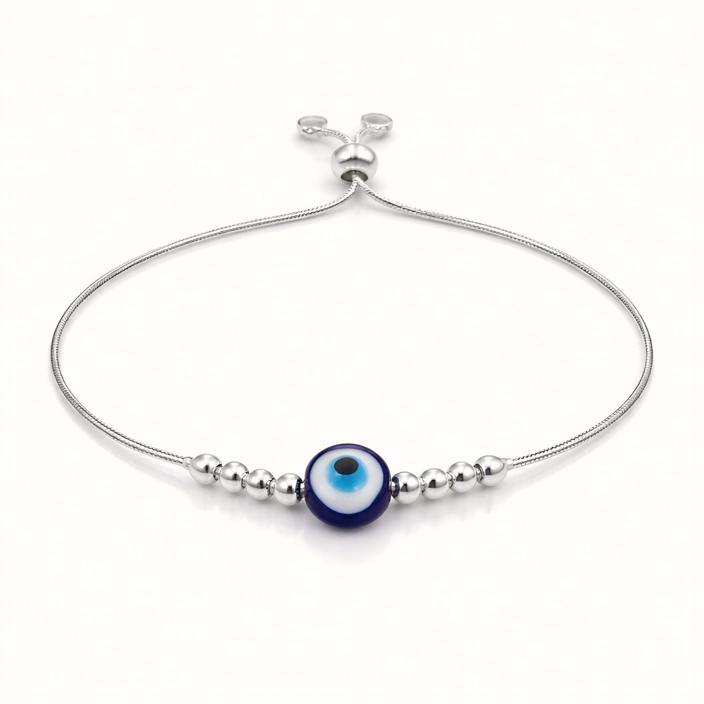 925 Sterling Silver Evil Eye Adjustable Slider Bracelet with Bead Accents