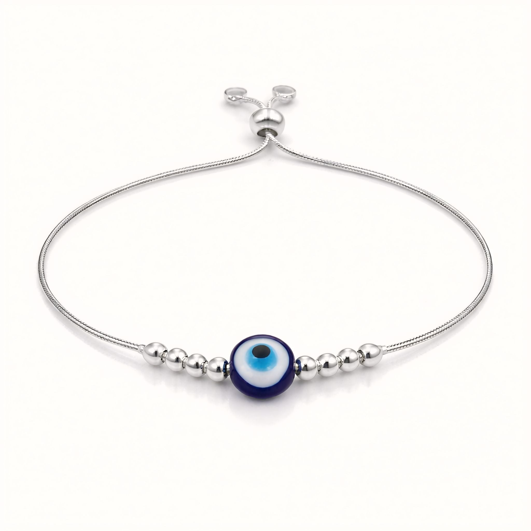 925 Sterling Silver Evil Eye Adjustable Slider Bracelet with Bead Accents