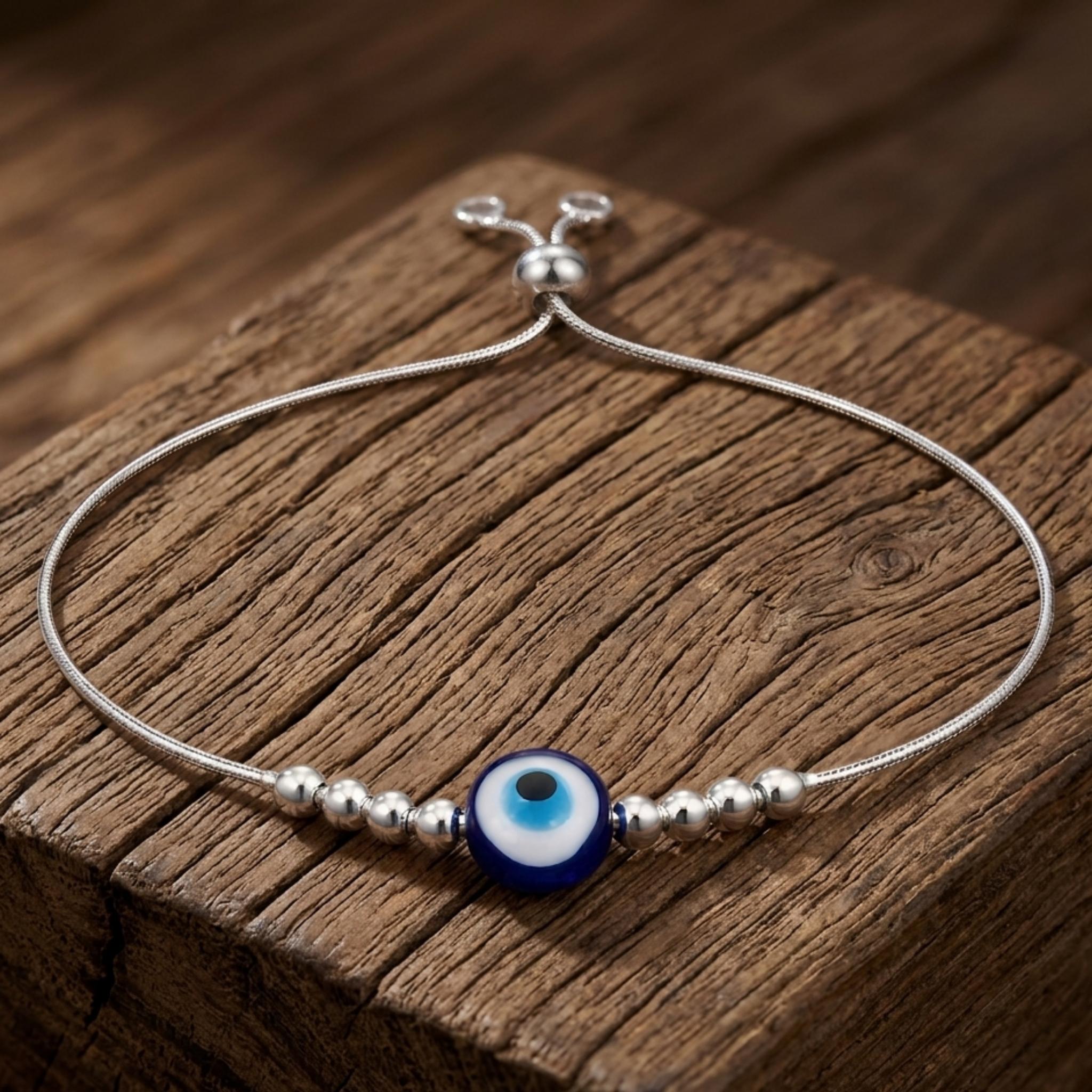 925 Sterling Silver Evil Eye Adjustable Slider Bracelet with Bead Accents