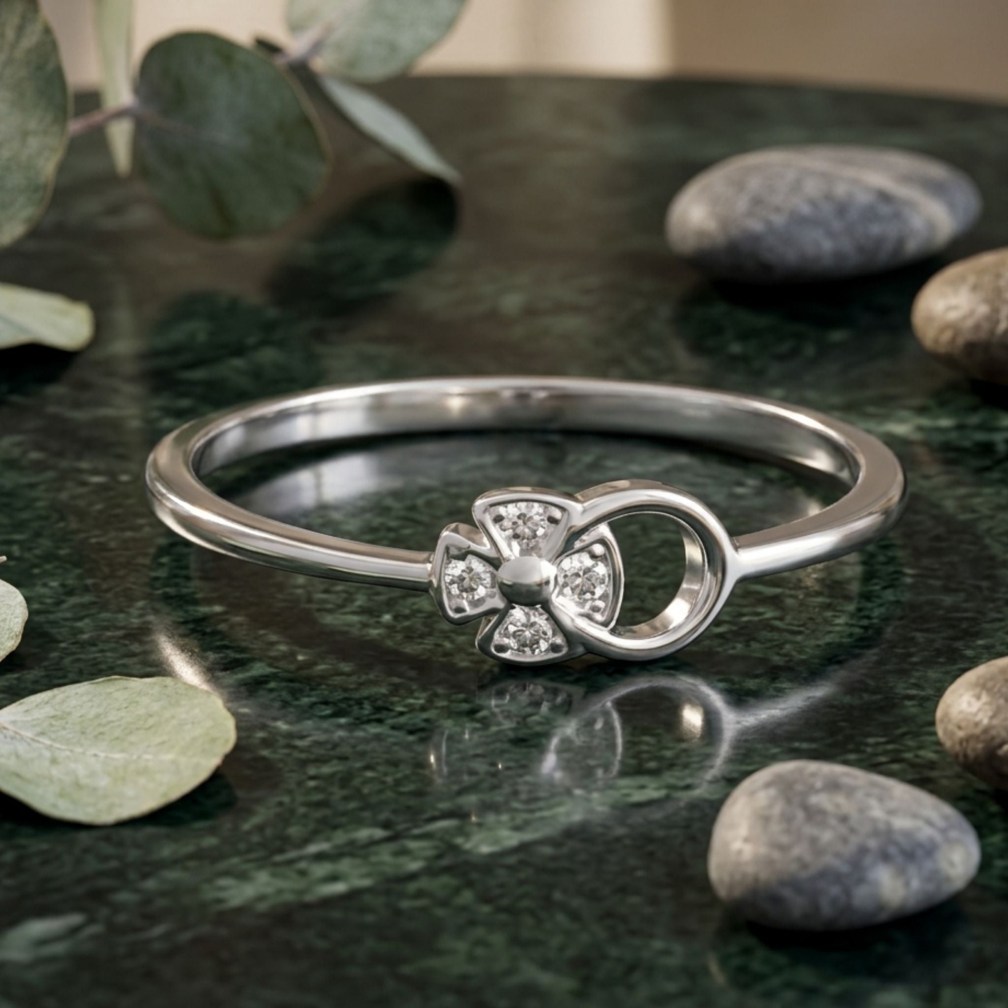925 Sterling Silver Asymmetric Floral Ring with Cubic Zirconia