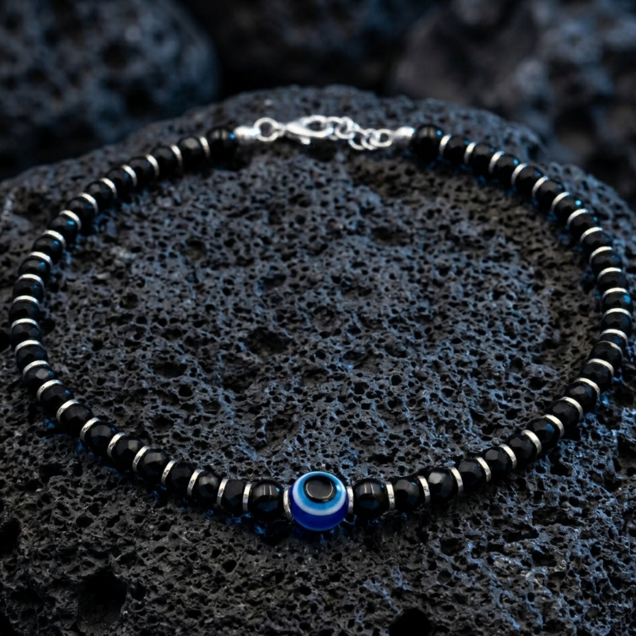 925 Sterling Silver Nazaria Bracelet with Black Beads & Evil Eye Charm