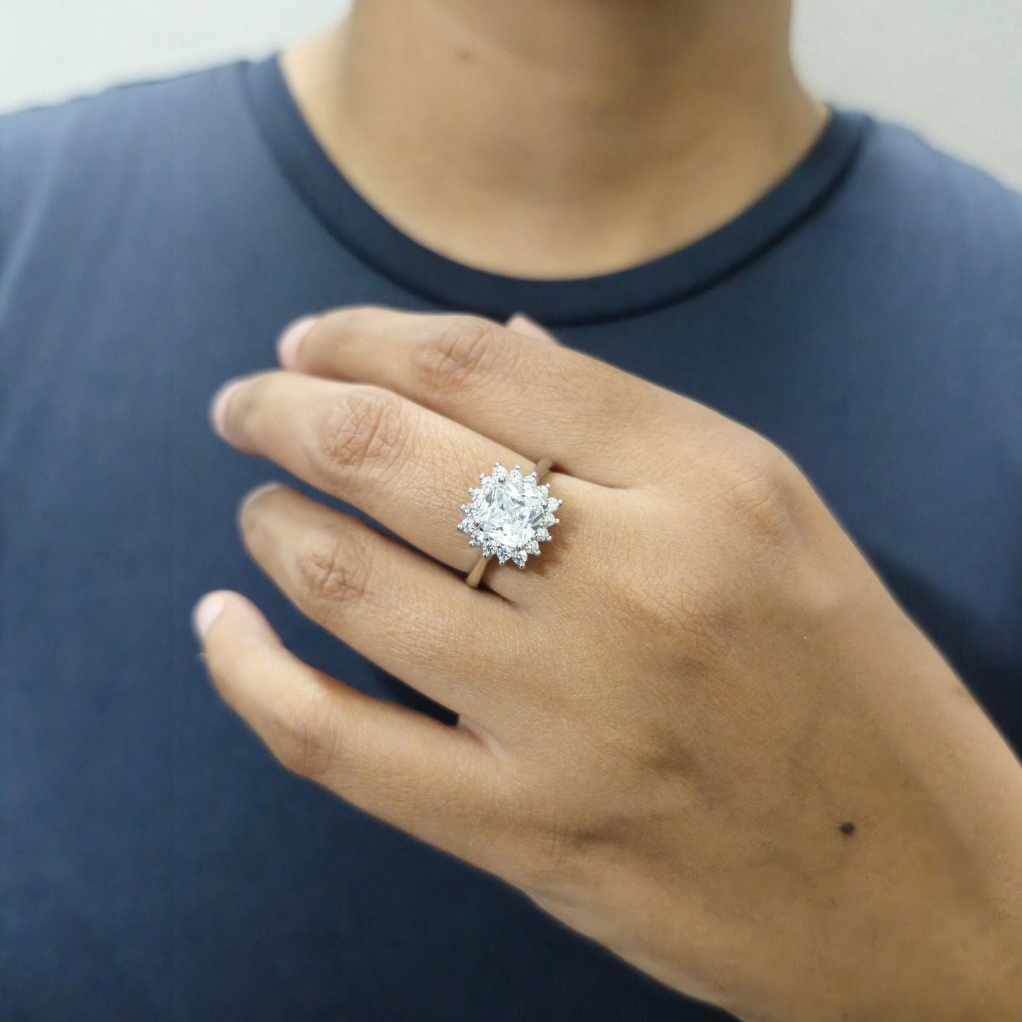 925 Sterling Silver Cushion-Cut Halo Ring with Starburst Cubic Zirconia