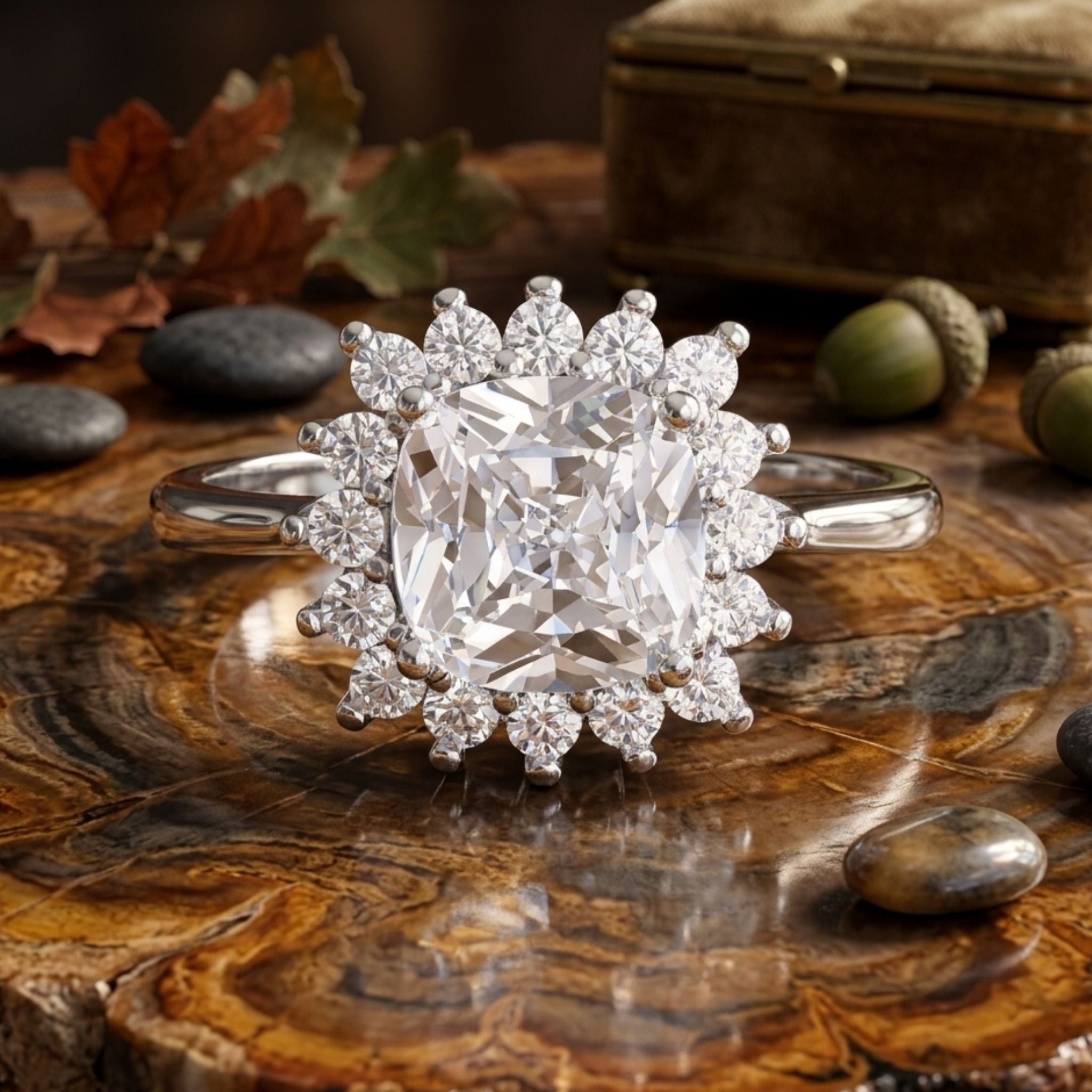 925 Sterling Silver Cushion-Cut Halo Ring with Starburst Cubic Zirconia
