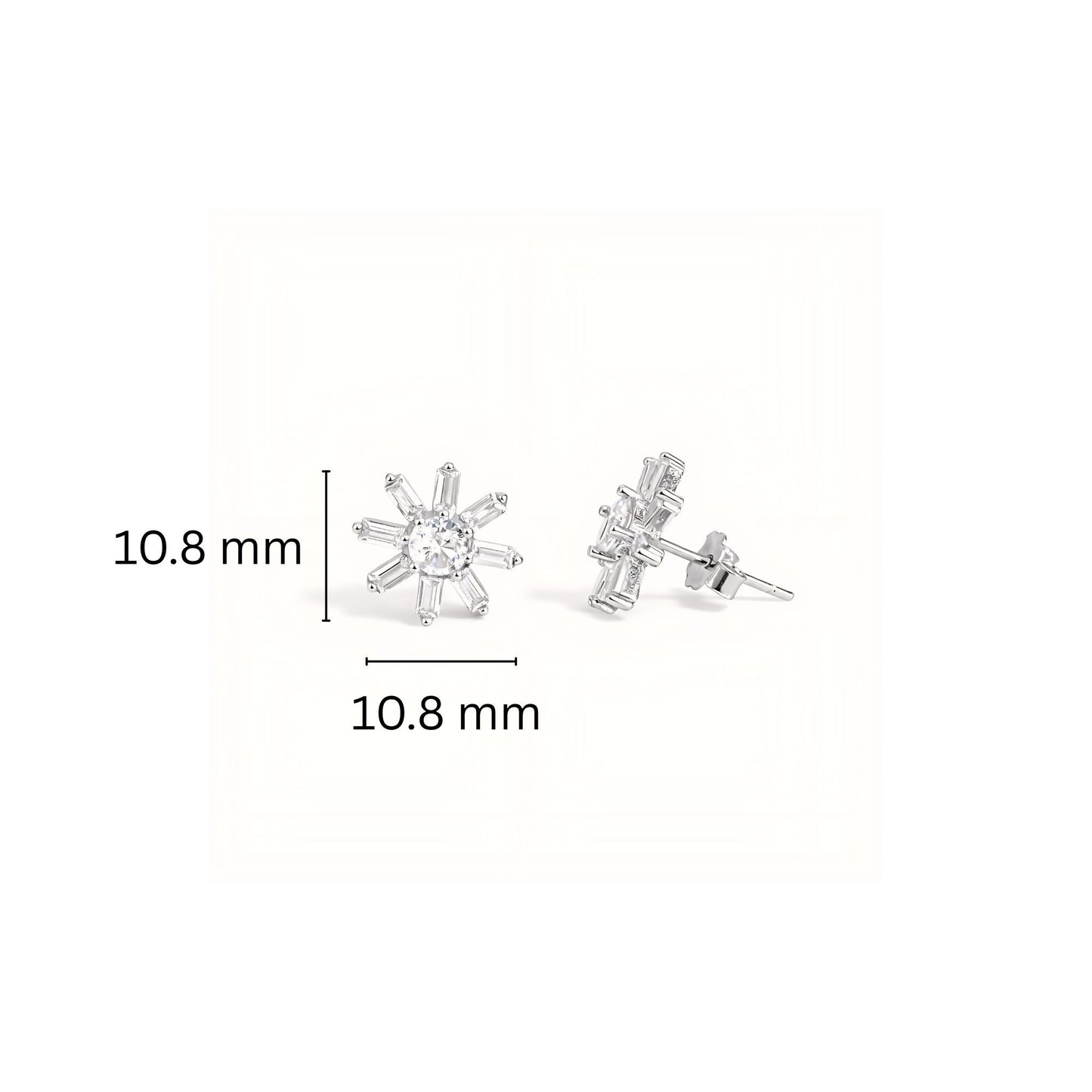 925 Sterling Silver Starburst Stud Earrings With Round & Baguette Cubic Zirconia