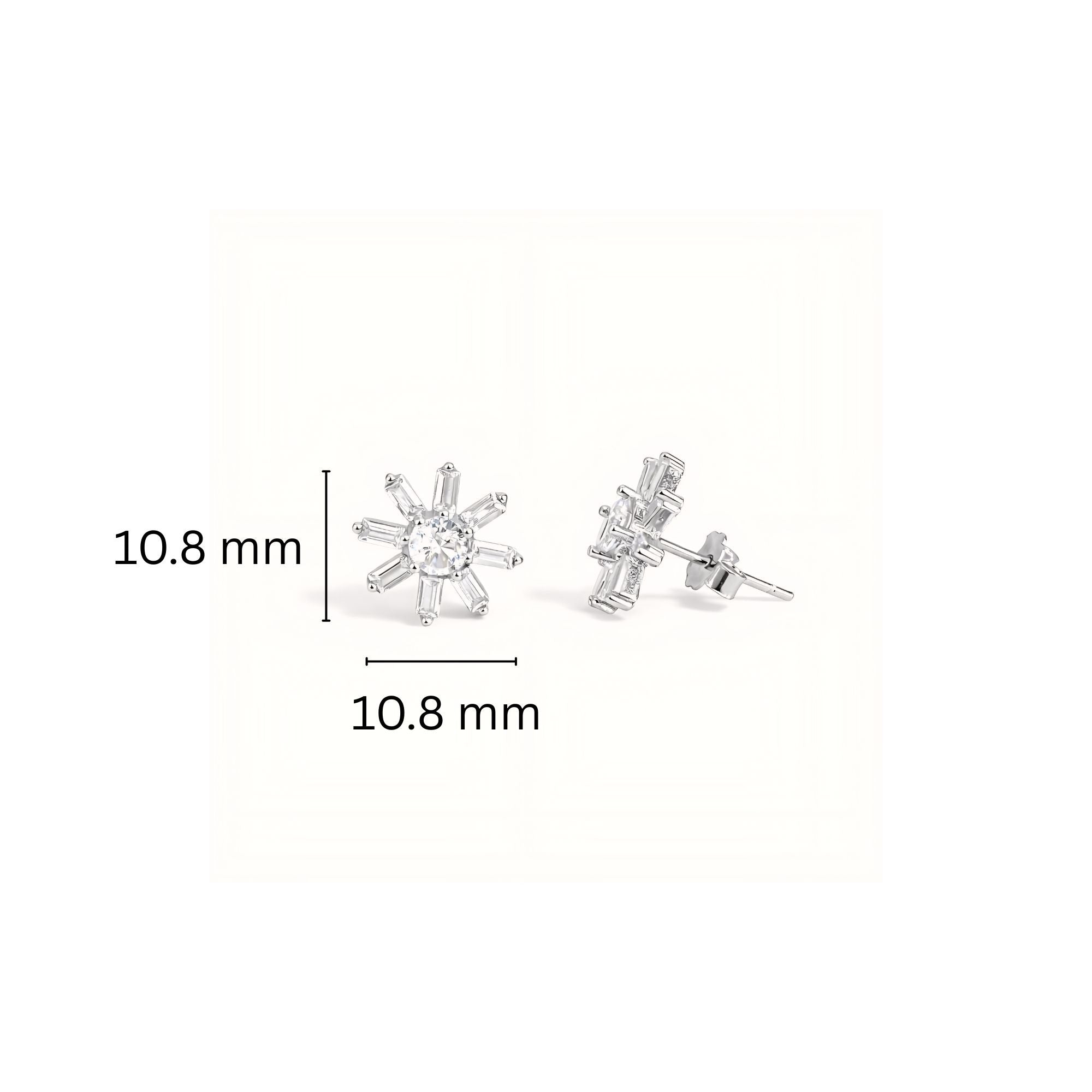 925 Sterling Silver Starburst Stud Earrings With Round & Baguette Cubic Zirconia