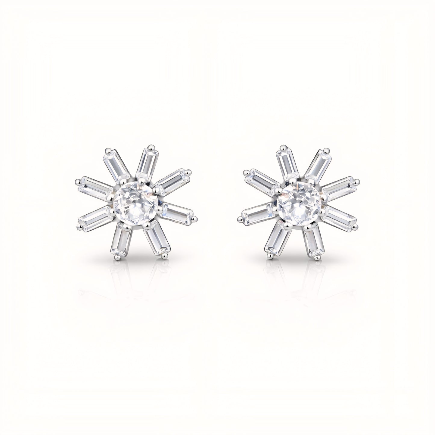 925 Sterling Silver Starburst Stud Earrings With Round & Baguette Cubic Zirconia