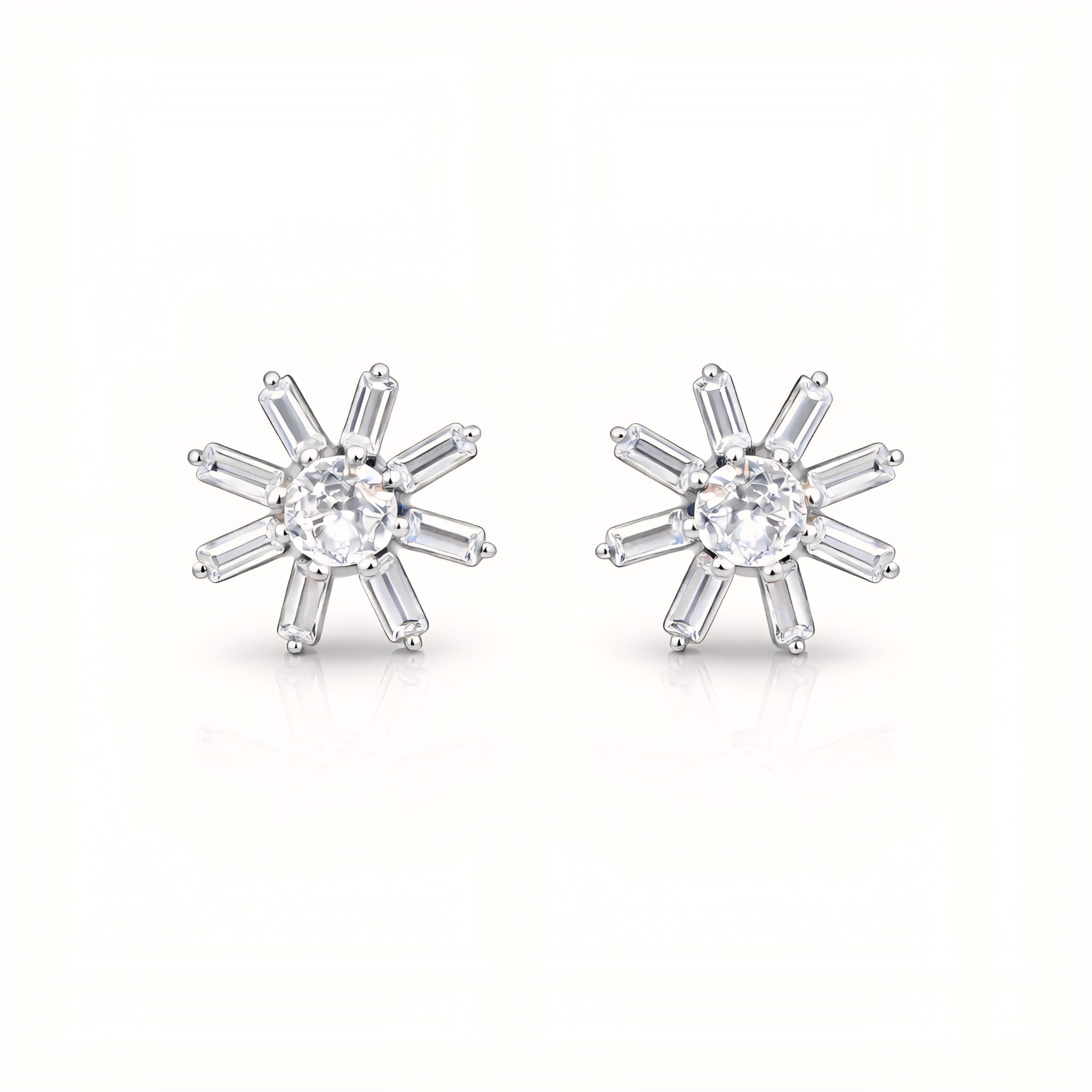 925 Sterling Silver Starburst Stud Earrings With Round & Baguette Cubic Zirconia