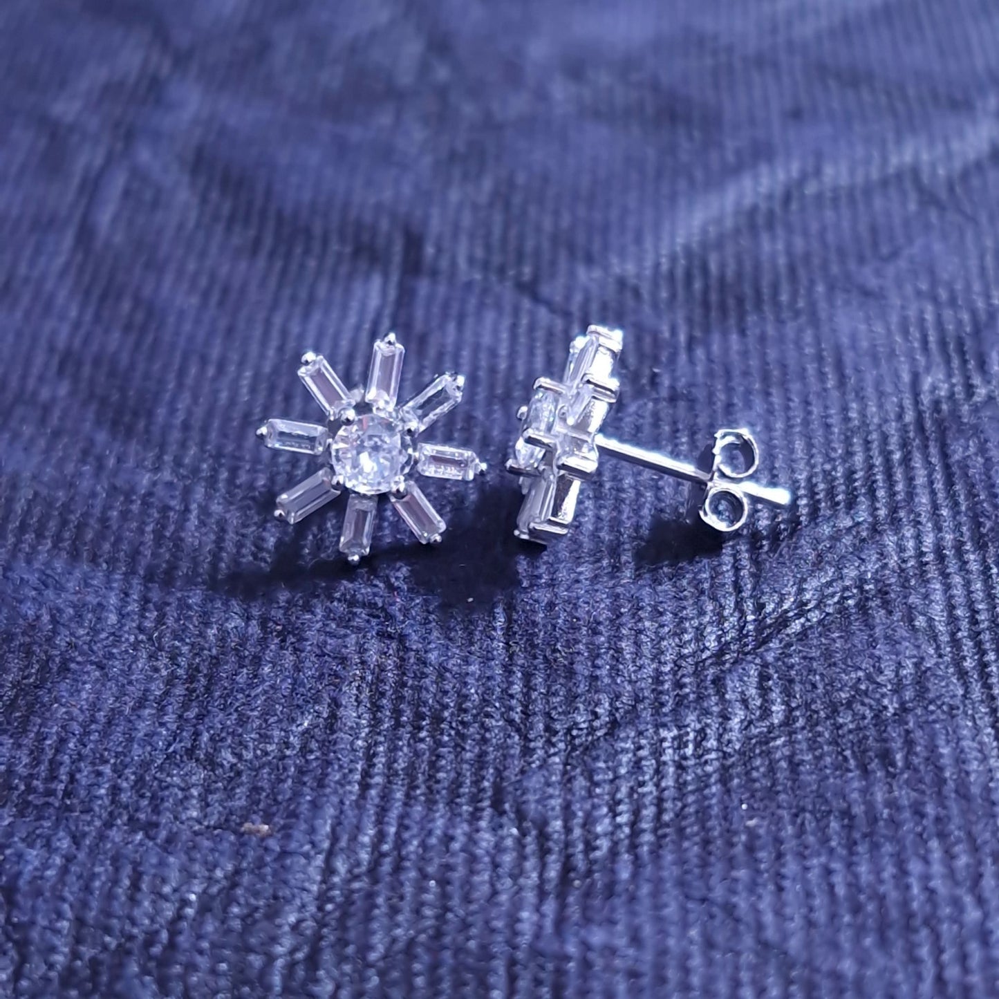 925 Sterling Silver Starburst Stud Earrings With Round & Baguette Cubic Zirconia