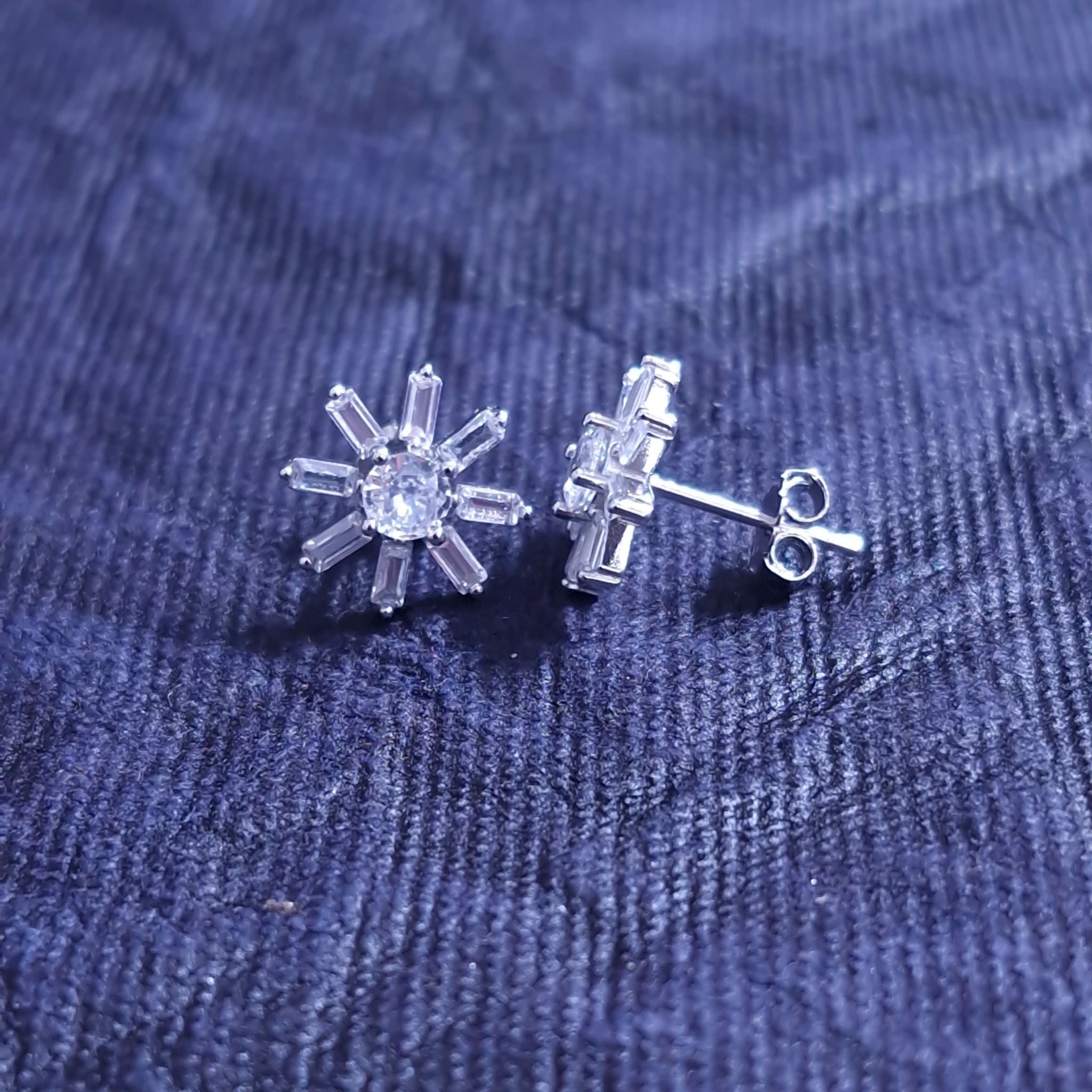 925 Sterling Silver Starburst Stud Earrings With Round & Baguette Cubic Zirconia