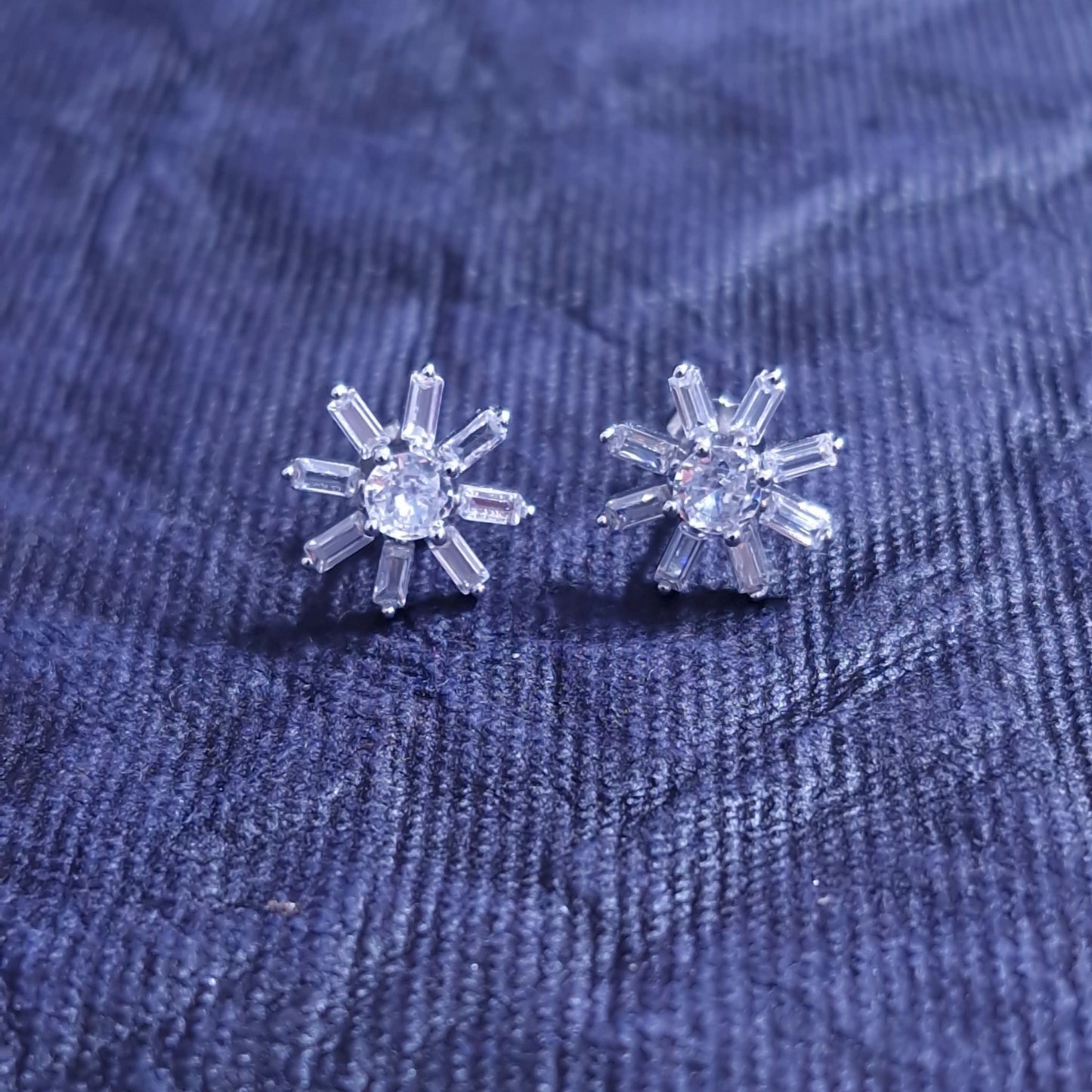 925 Sterling Silver Starburst Stud Earrings With Round & Baguette Cubic Zirconia