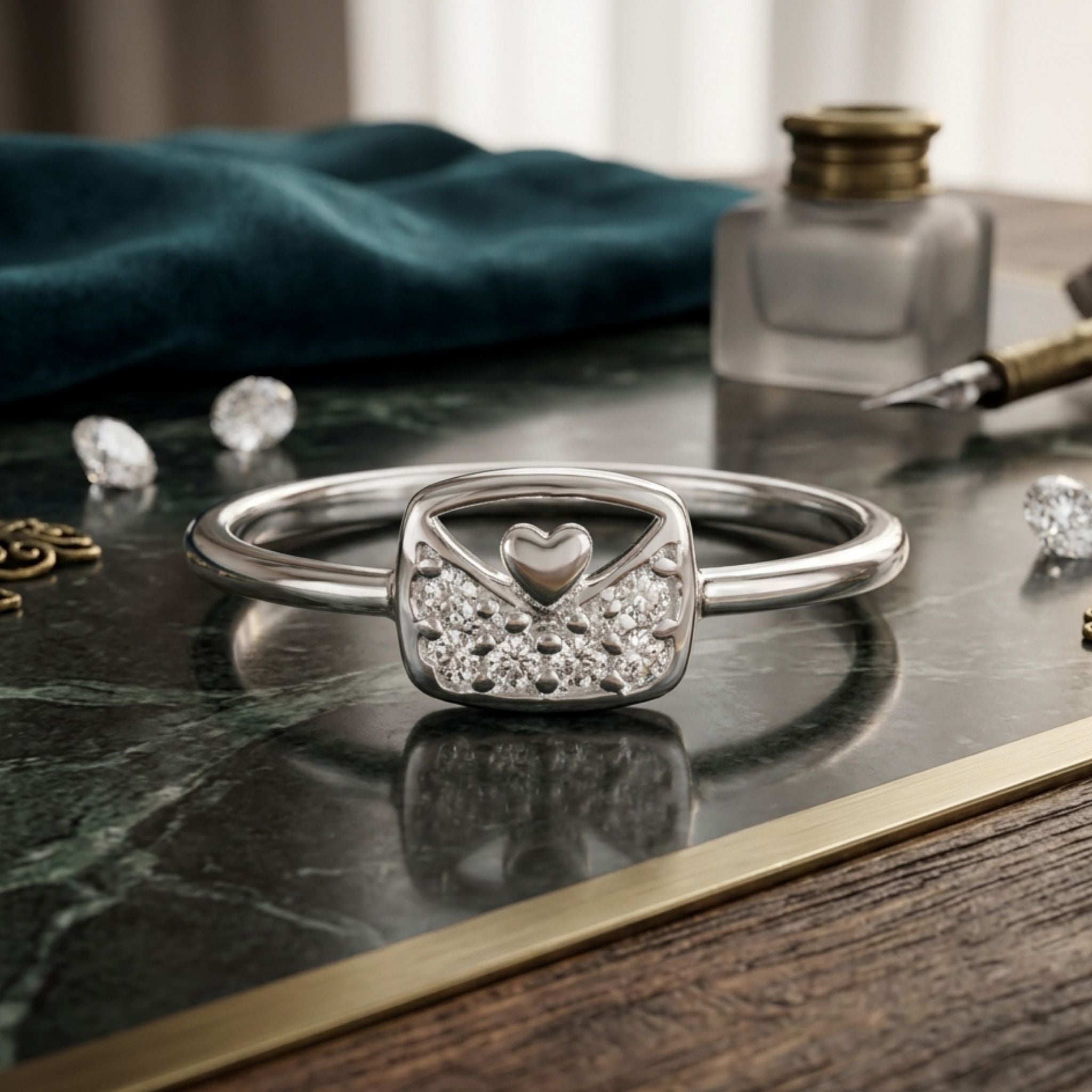 925 Sterling Silver Love Letter Envelope Ring with Cubic Zirconia