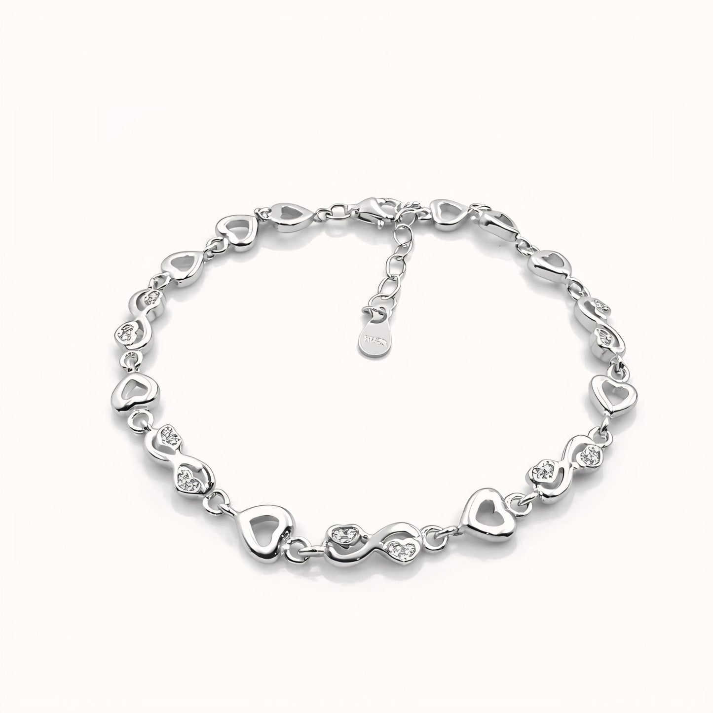 925 Sterling Silver Heart & Infinity Link Bracelet with Cubic Zirconia