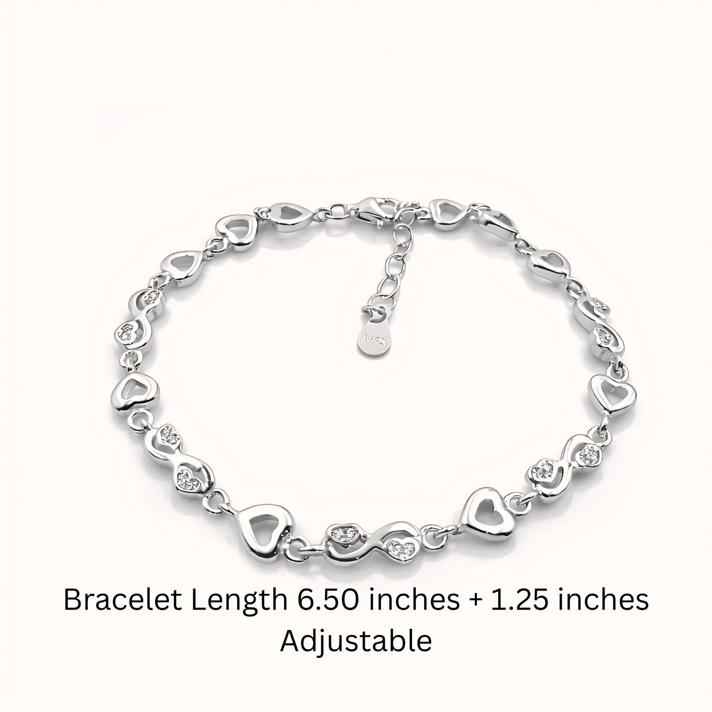 925 Sterling Silver Heart & Infinity Link Bracelet with Cubic Zirconia