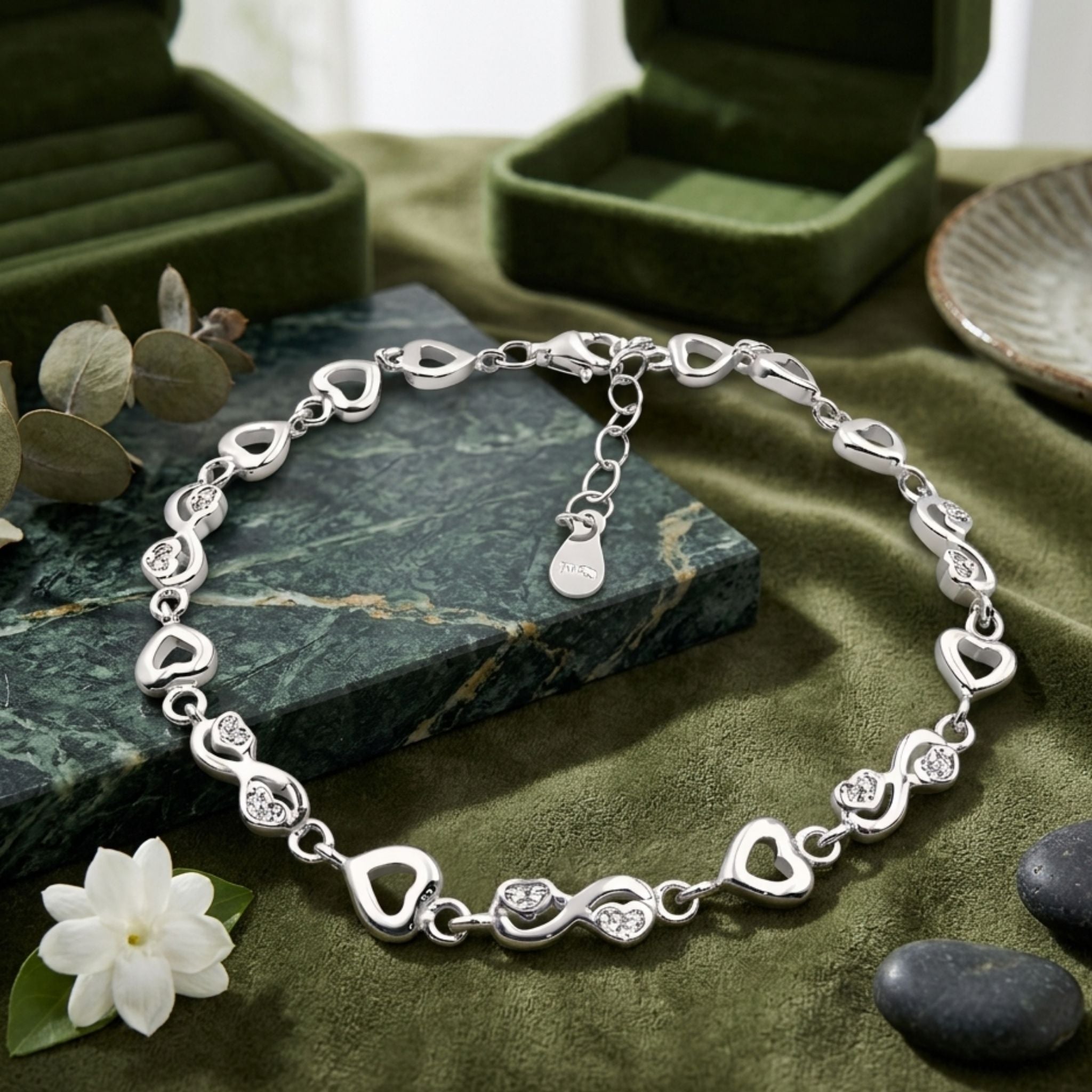 925 Sterling Silver Heart & Infinity Link Bracelet with Cubic Zirconia