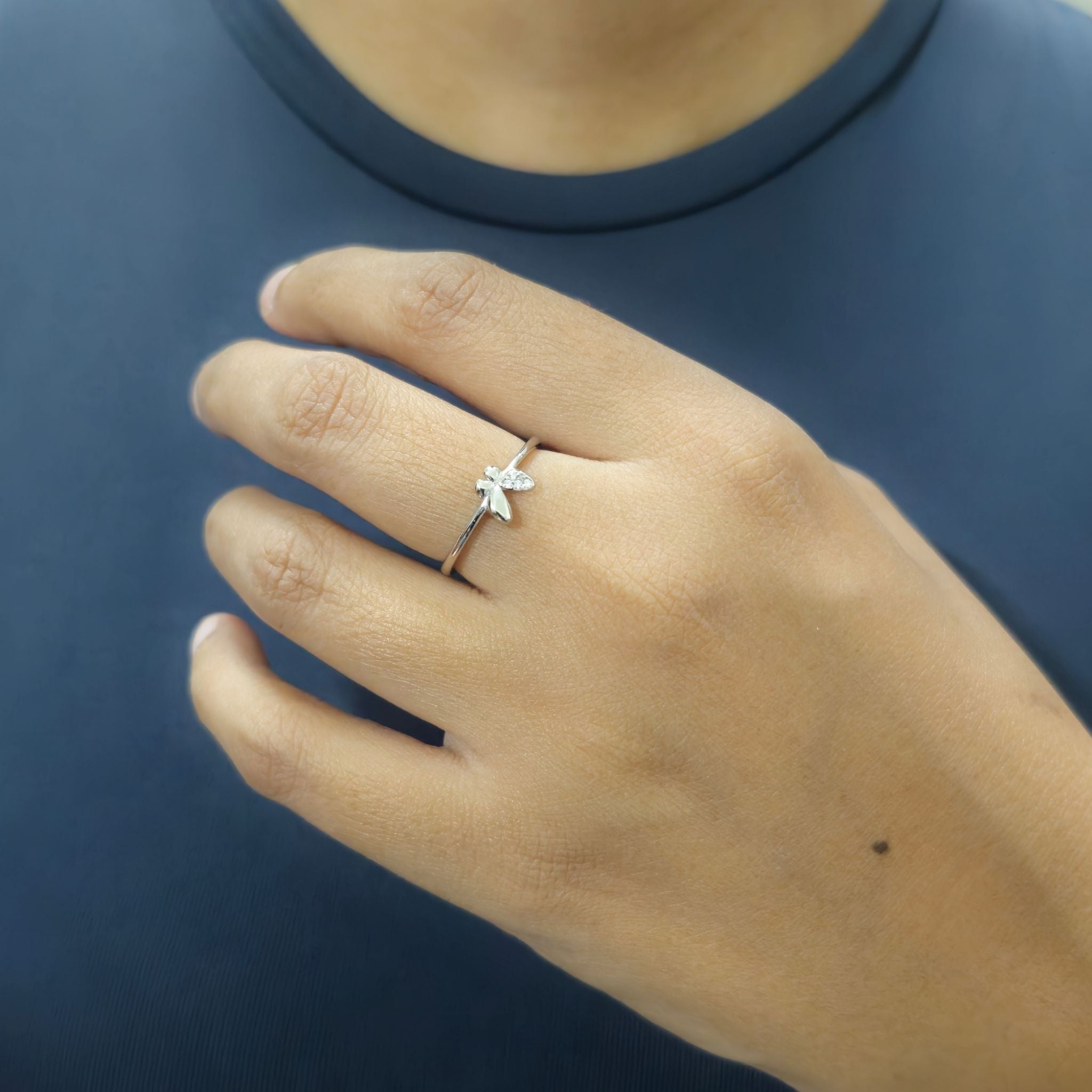 925 Sterling Silver Asymmetrical Butterfly Ring with Cubic Zirconia