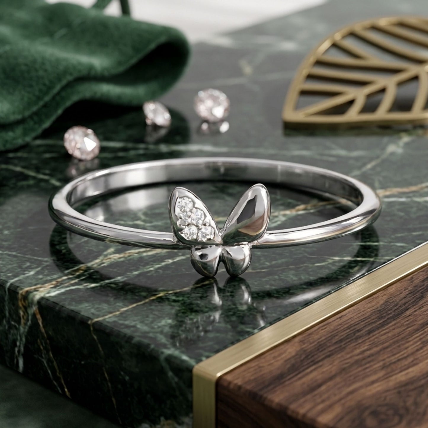 925 Sterling Silver Asymmetrical Butterfly Ring with Cubic Zirconia