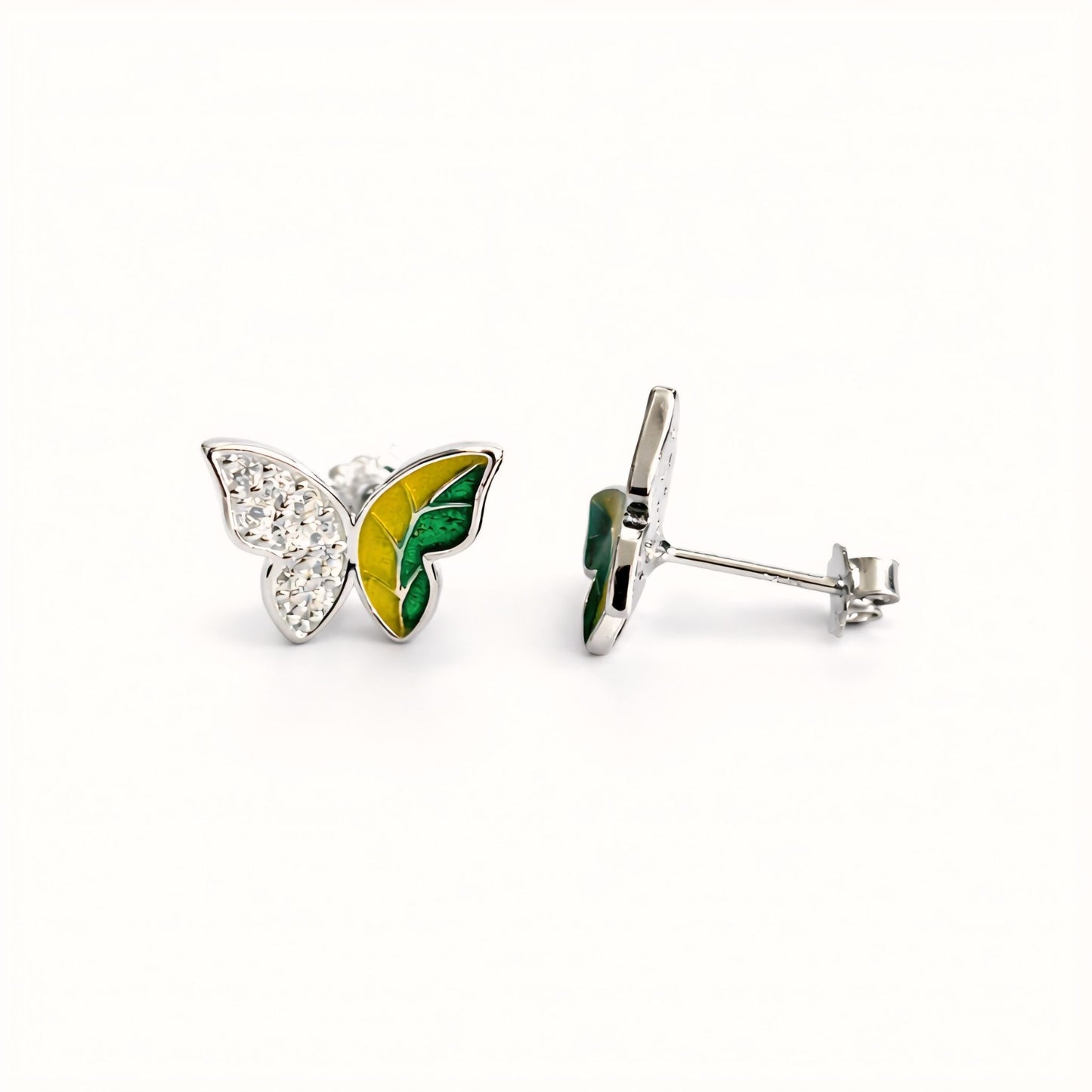 925 Sterling Silver Asymmetrical Butterfly Stud Earrings With Green & Yellow Enamel and Cubic Zirconia