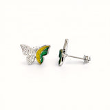 925 Sterling Silver Asymmetrical Butterfly Stud Earrings With Green & Yellow Enamel and Cubic Zirconia