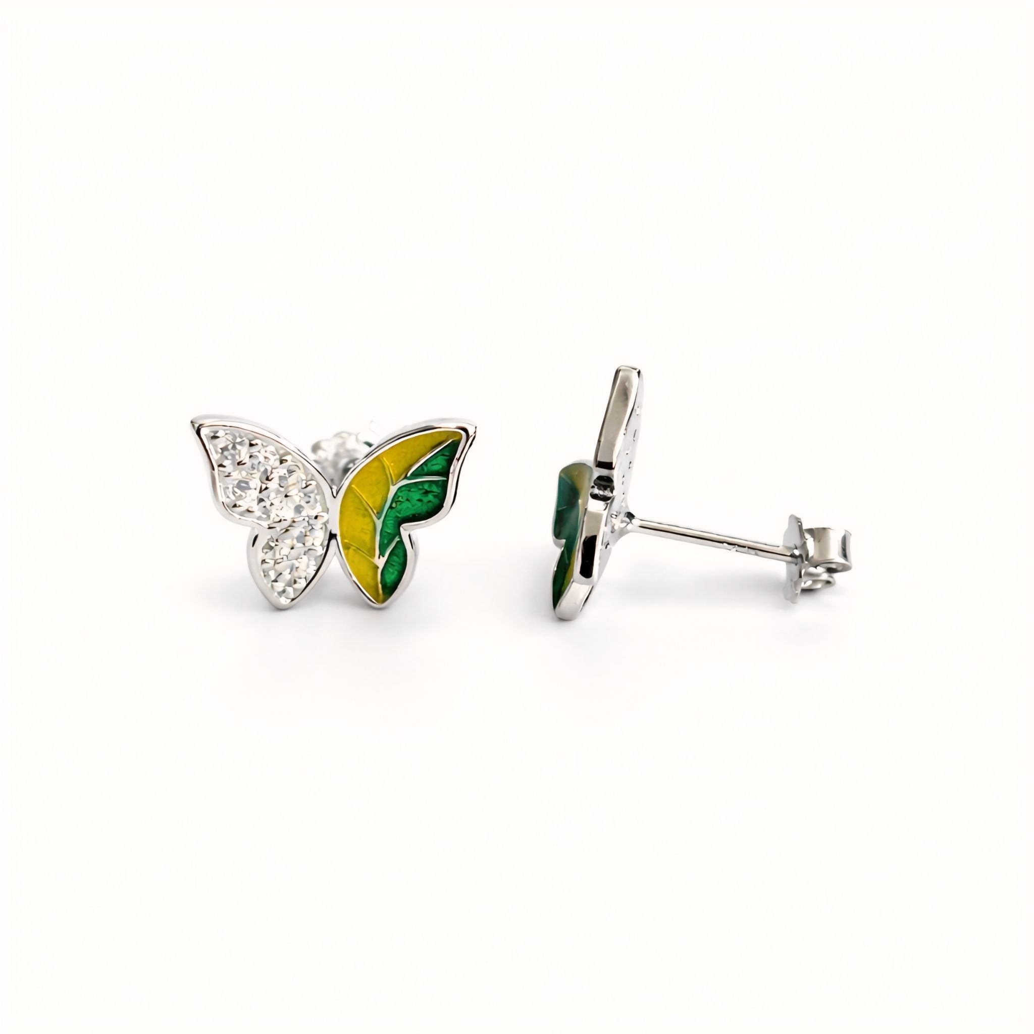 925 Sterling Silver Asymmetrical Butterfly Stud Earrings With Green & Yellow Enamel and Cubic Zirconia
