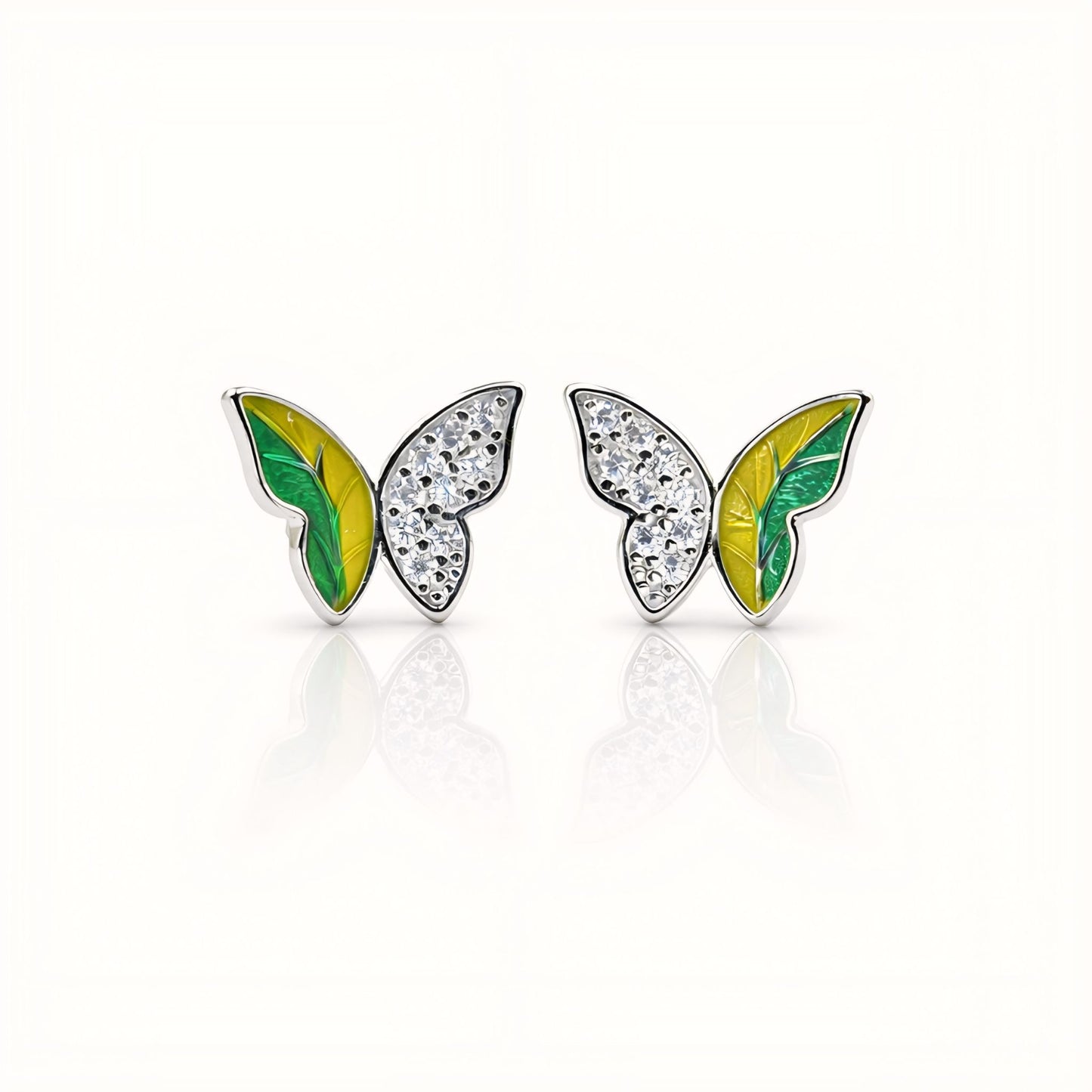 925 Sterling Silver Asymmetrical Butterfly Stud Earrings With Green & Yellow Enamel and Cubic Zirconia