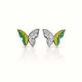 925 Sterling Silver Asymmetrical Butterfly Stud Earrings With Green & Yellow Enamel and Cubic Zirconia