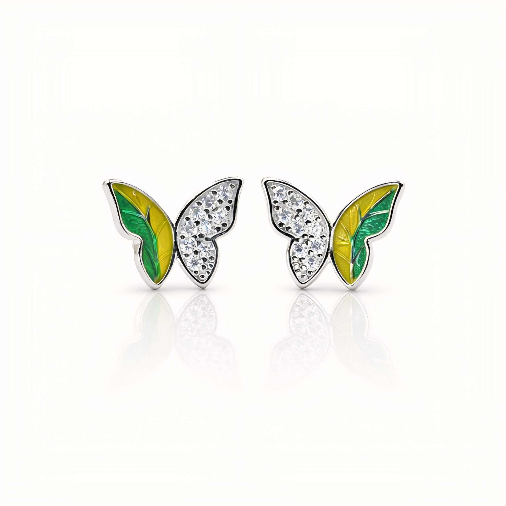 925 Sterling Silver Asymmetrical Butterfly Stud Earrings With Green & Yellow Enamel and Cubic Zirconia