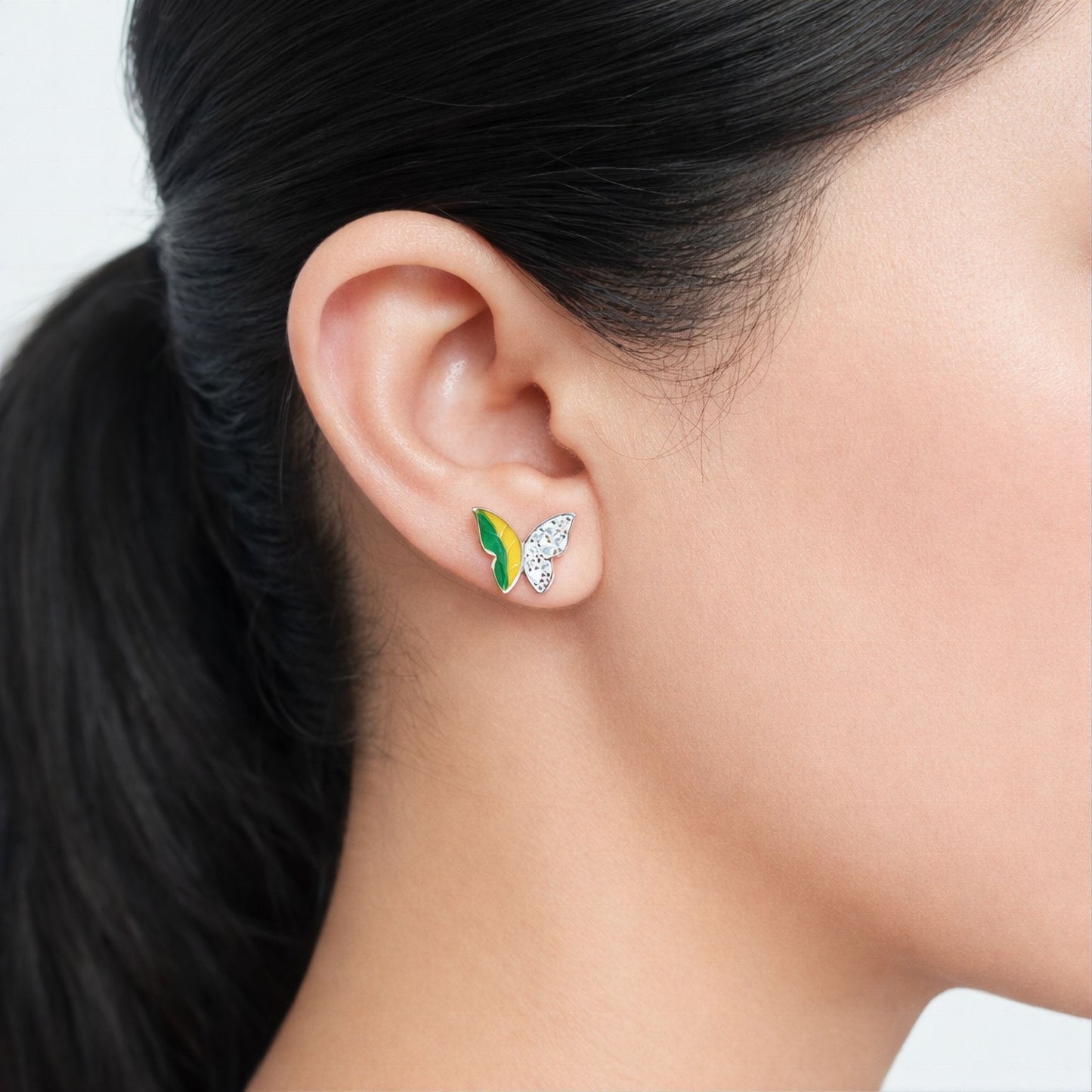925 Sterling Silver Asymmetrical Butterfly Stud Earrings With Green & Yellow Enamel and Cubic Zirconia