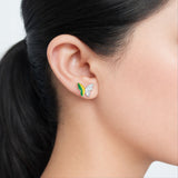 925 Sterling Silver Asymmetrical Butterfly Stud Earrings With Green & Yellow Enamel and Cubic Zirconia
