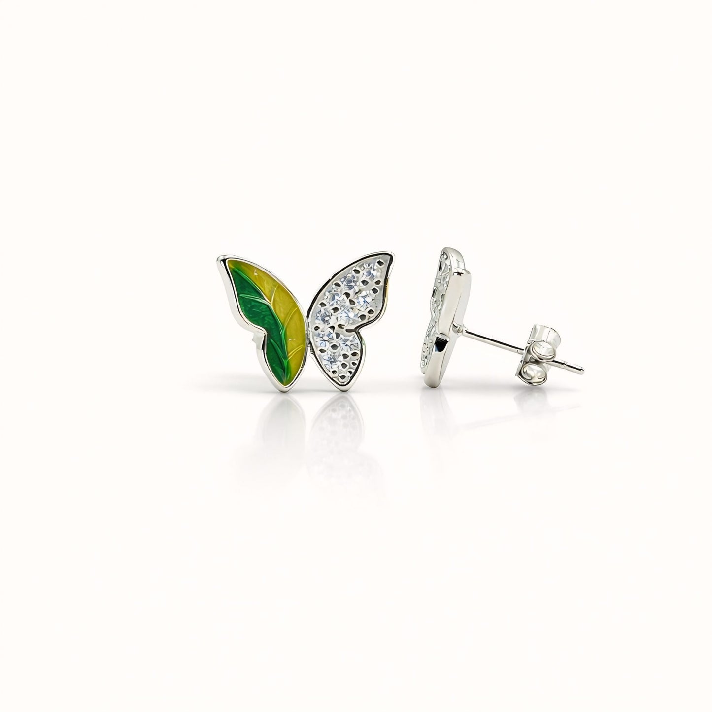 925 Sterling Silver Asymmetrical Butterfly Stud Earrings With Green & Yellow Enamel and Cubic Zirconia