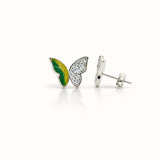 925 Sterling Silver Asymmetrical Butterfly Stud Earrings With Green & Yellow Enamel and Cubic Zirconia