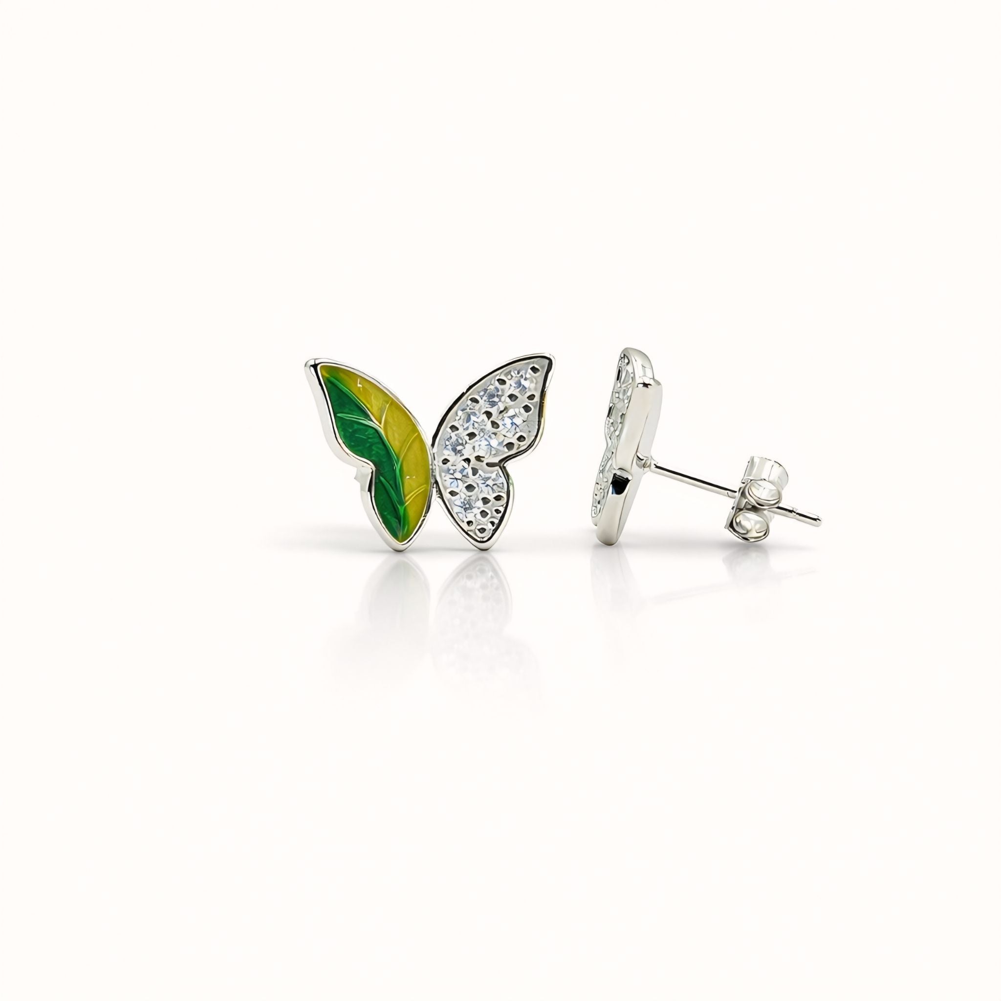 925 Sterling Silver Asymmetrical Butterfly Stud Earrings With Green & Yellow Enamel and Cubic Zirconia