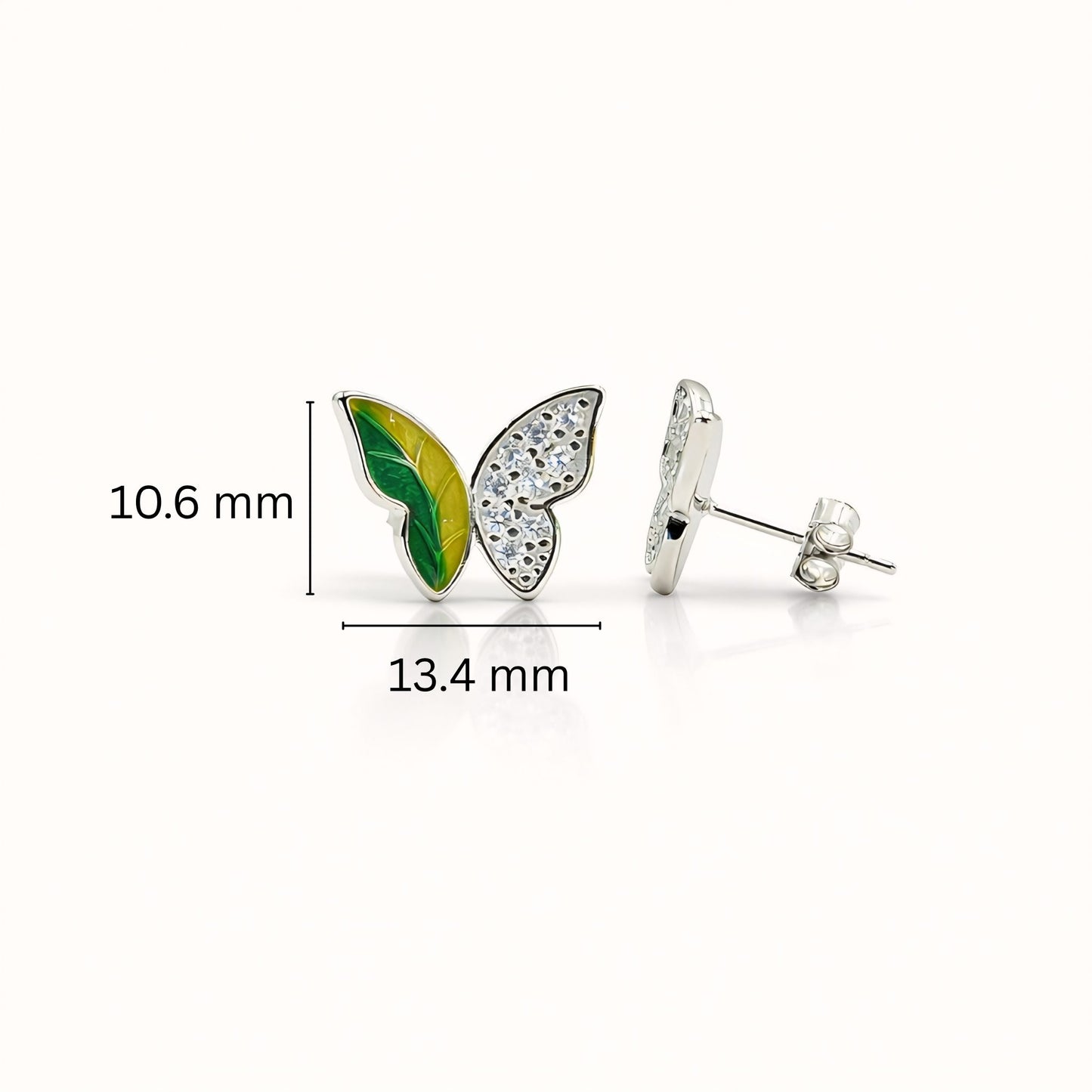 925 Sterling Silver Asymmetrical Butterfly Stud Earrings With Green & Yellow Enamel and Cubic Zirconia