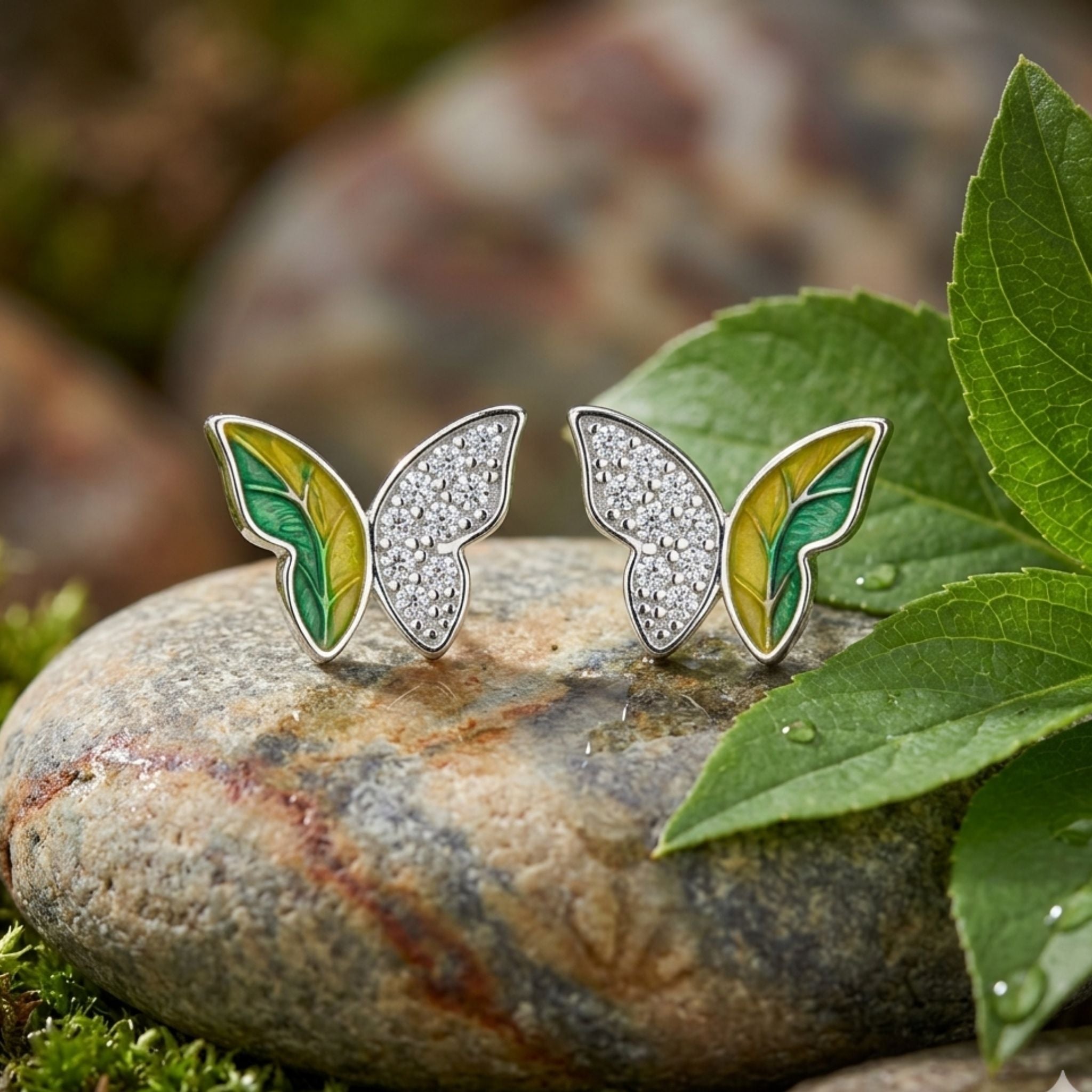 925 Sterling Silver Asymmetrical Butterfly Stud Earrings With Green & Yellow Enamel and Cubic Zirconia