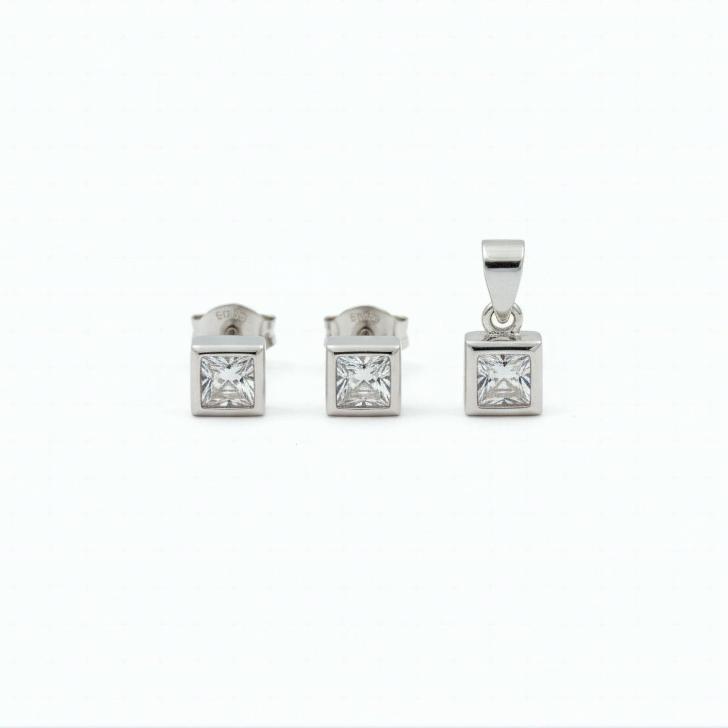 925 Sterling Silver Bezel-Set Princess Cut Cubic Zirconia Pendant and Earrings Set